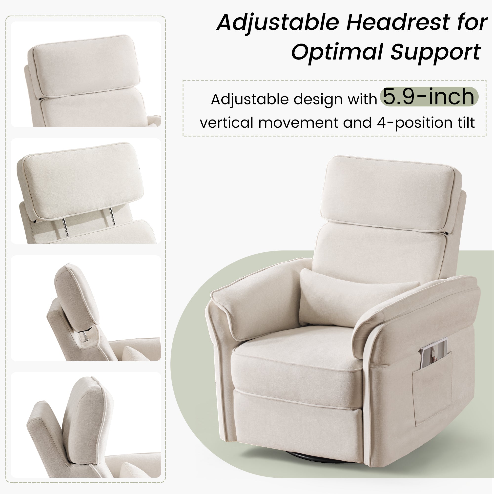HOMREST Power Swivel Rocking Recliner Chair with Adjustable Headrest and Armrests for Living Room, Nursery, Beige