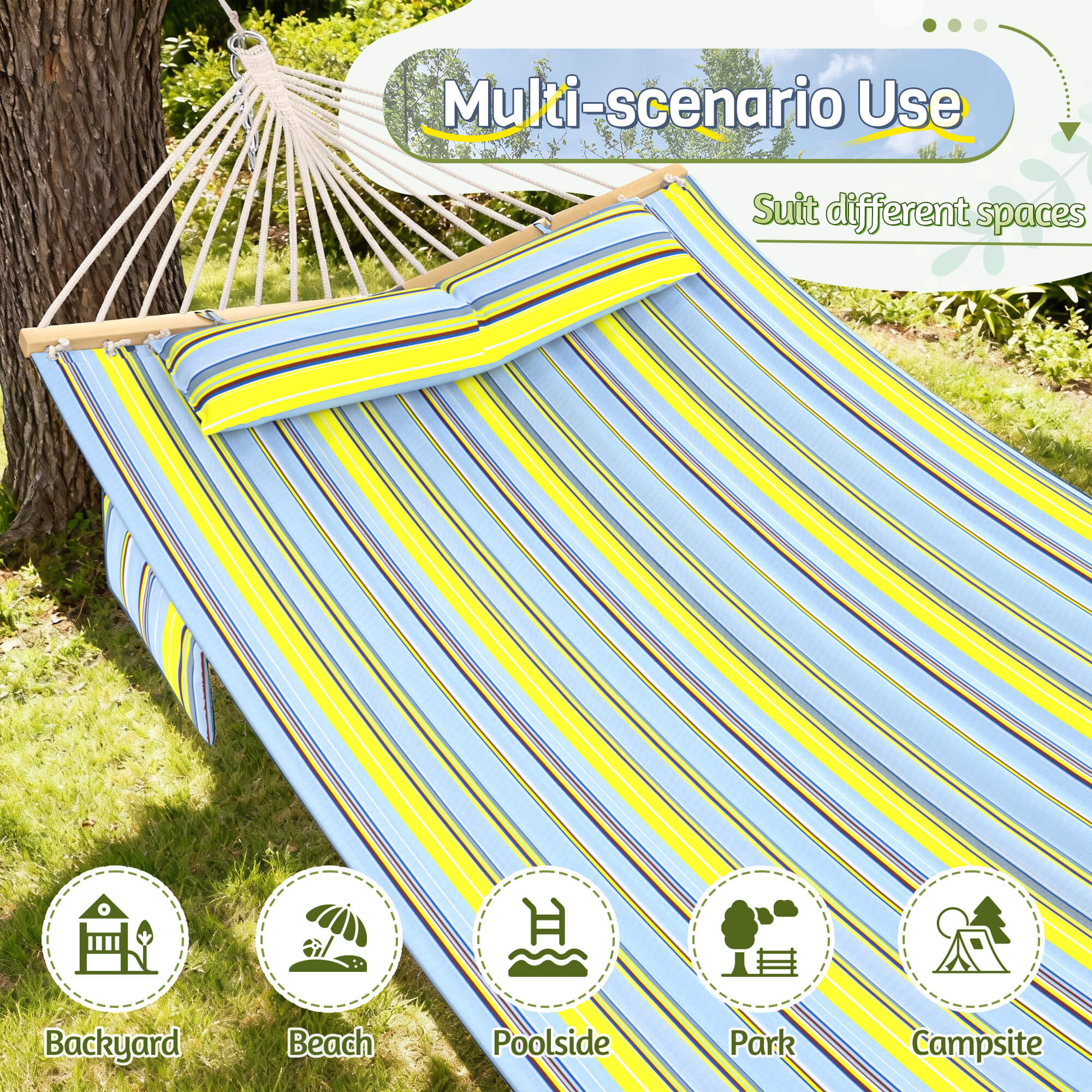 HOMREST Modern Portable Hammock, Outdoor Rope Hammock for Backyard, Beach & Camping, Green Stripes