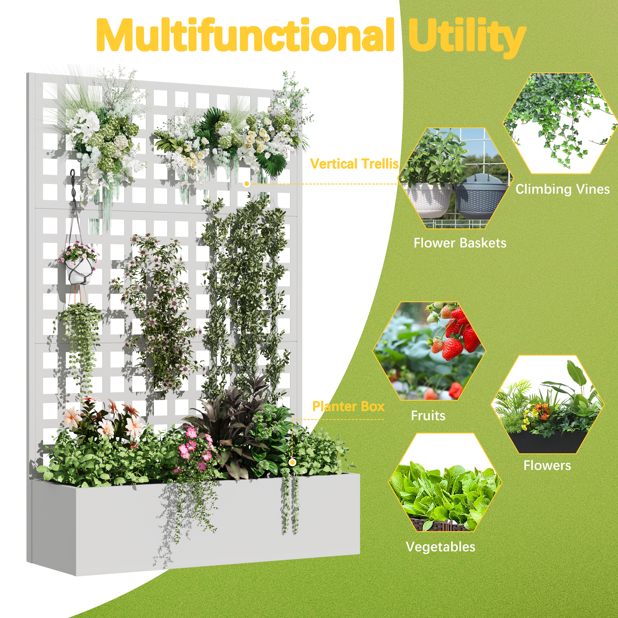 HOMREST Metal Planter Box with Trellis, 71"x 47"x 16" Raised Garden Bed with Trellis, Planter Box Trellis with Privacy Screen and Drainage Holes, White
