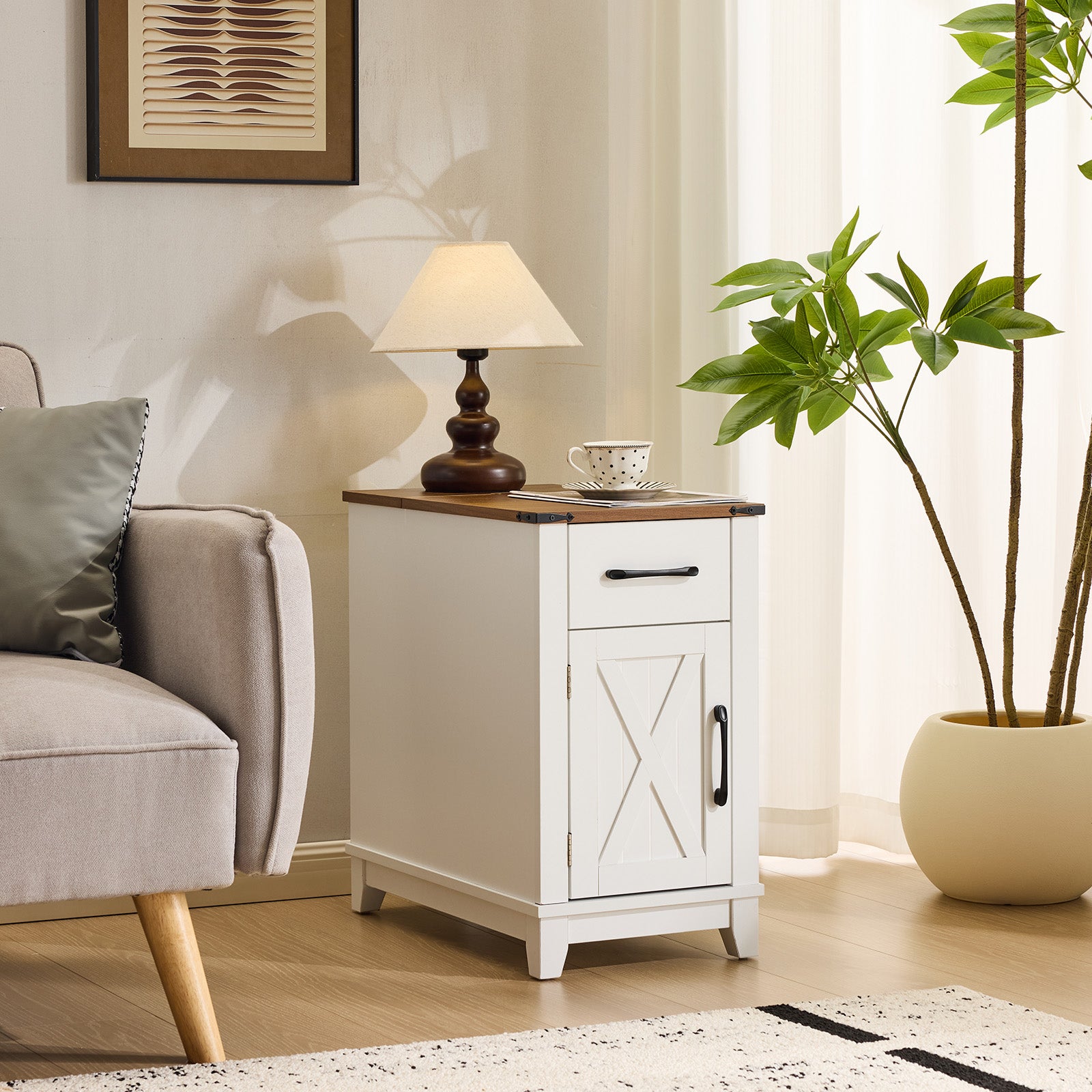 HOMREST Farmhouse End Table with Charging Station, Narrow Side Table for Living Room, Nightstand with Drawer and Storage Cabinet, White