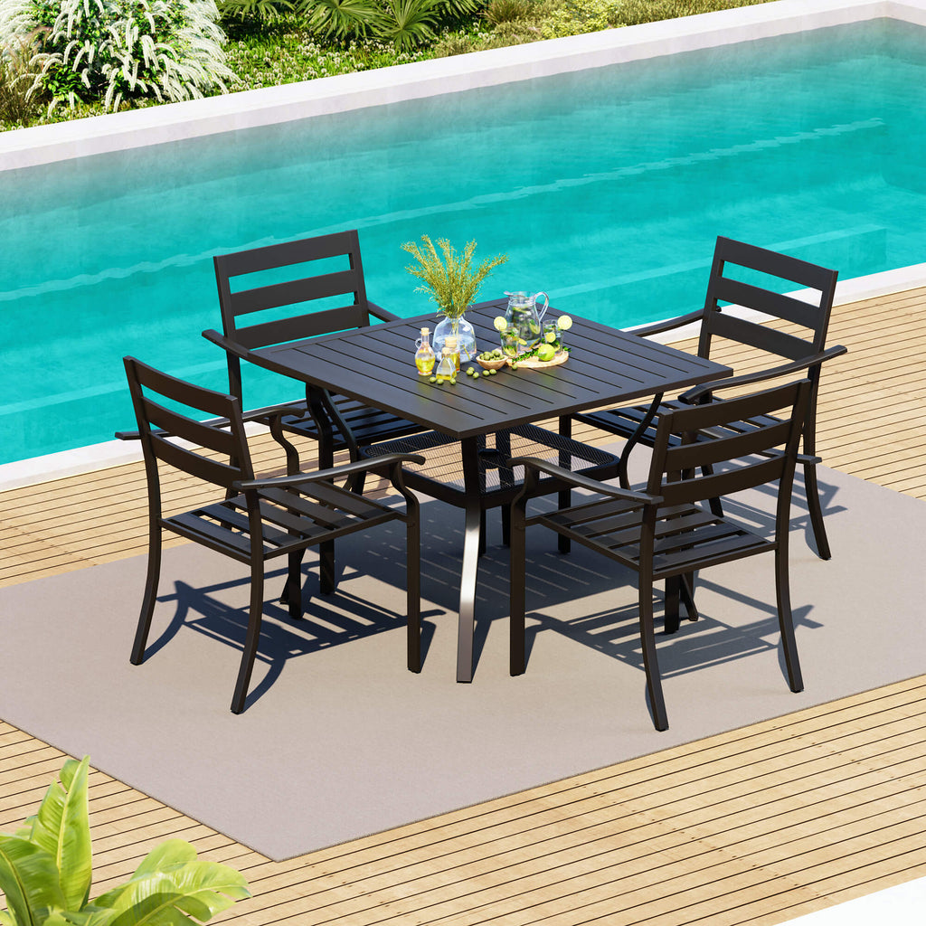HOMREST 5-Piece Outdoor Patio Dining Set for 4, Square Metal Table with Umbrella Hole & Stackable Chairs