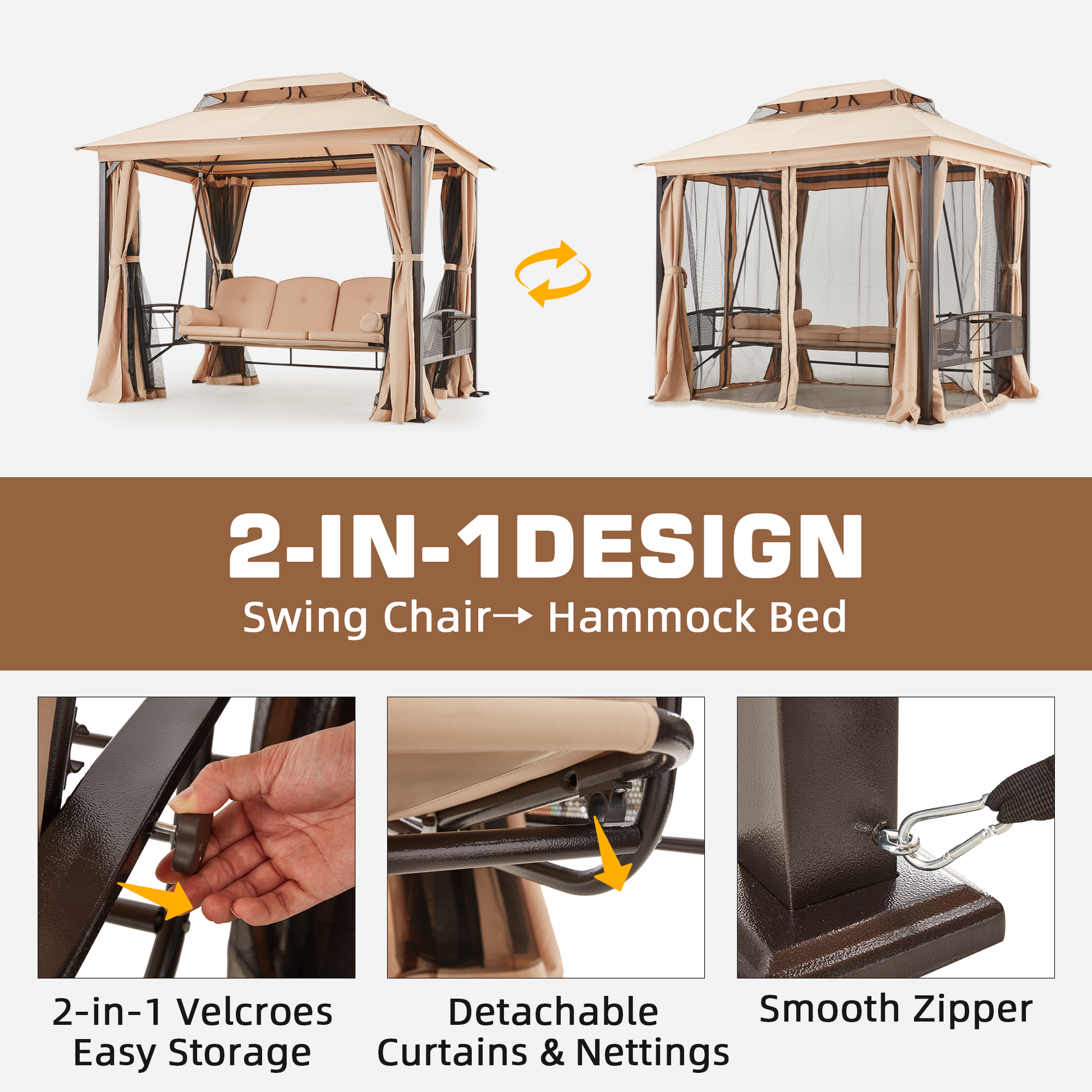 Homrest 3-Seat Swing Chair,Outdoor Gazebo Swing,Porch Swings Outdoor with Double Tier Canopy,Netting Curtains,Side Trays,for Graden,Poolside Backyard(Khaki)