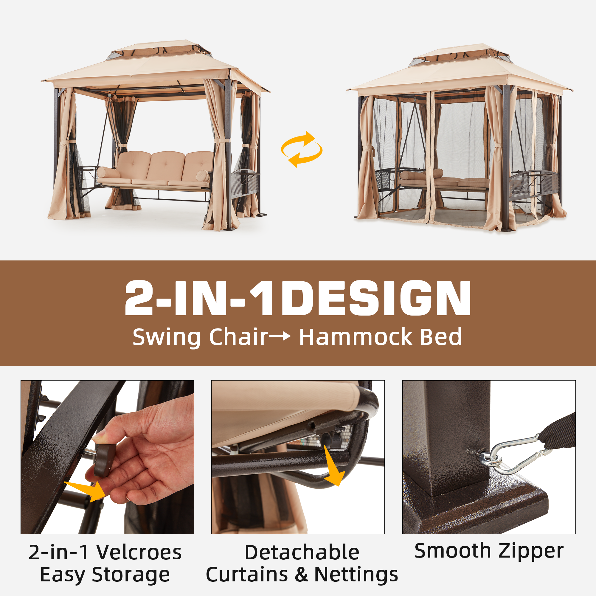 Homrest 3-Seat Swing Chair,Outdoor Gazebo Swing,Porch Swings Outdoor with Double Tier Canopy,Netting Curtains,Side Trays,for Graden,Poolside Backyard(Khaki)