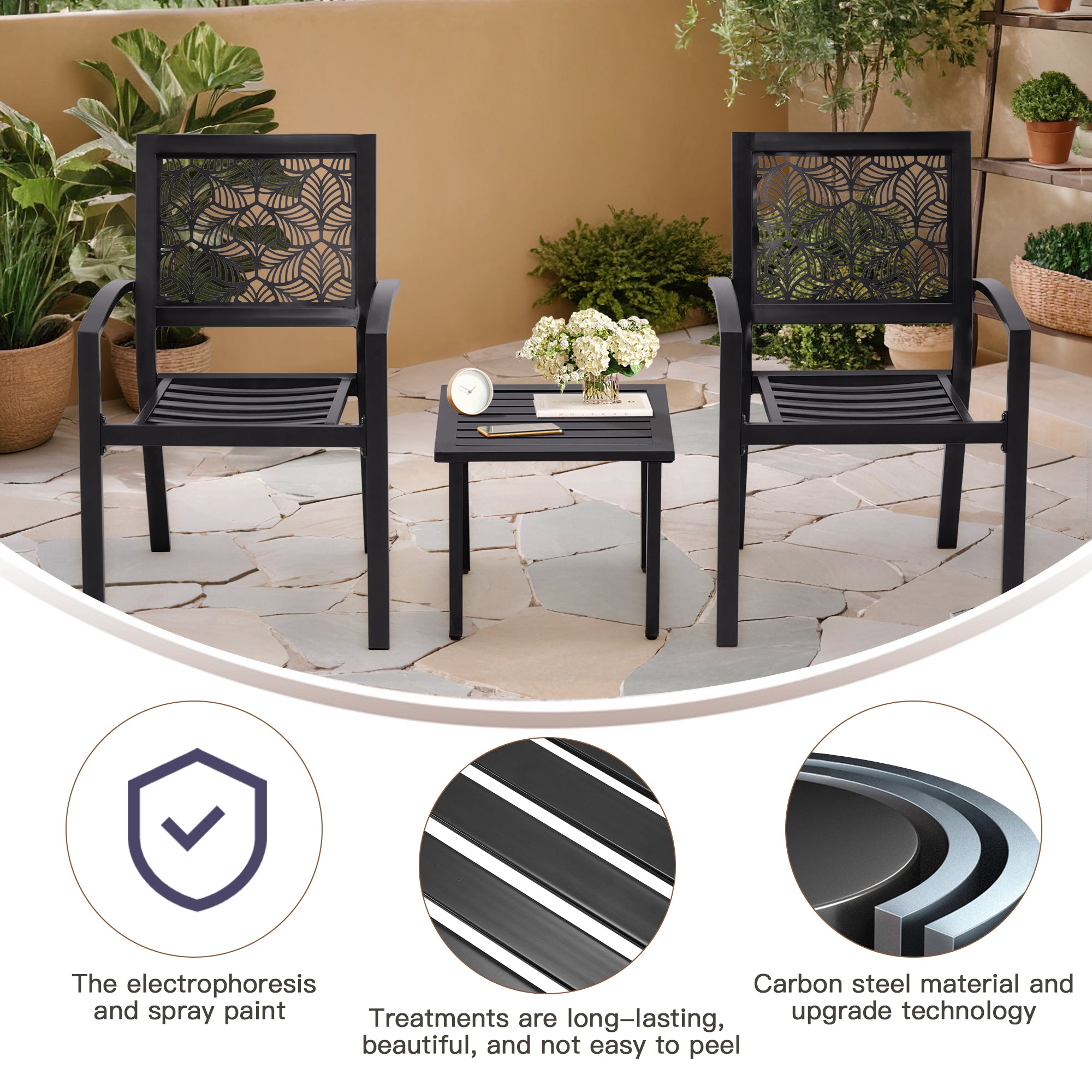 HOMREST 3-Piece Outdoor Bistro Set – Metal Chairs & Table, Black