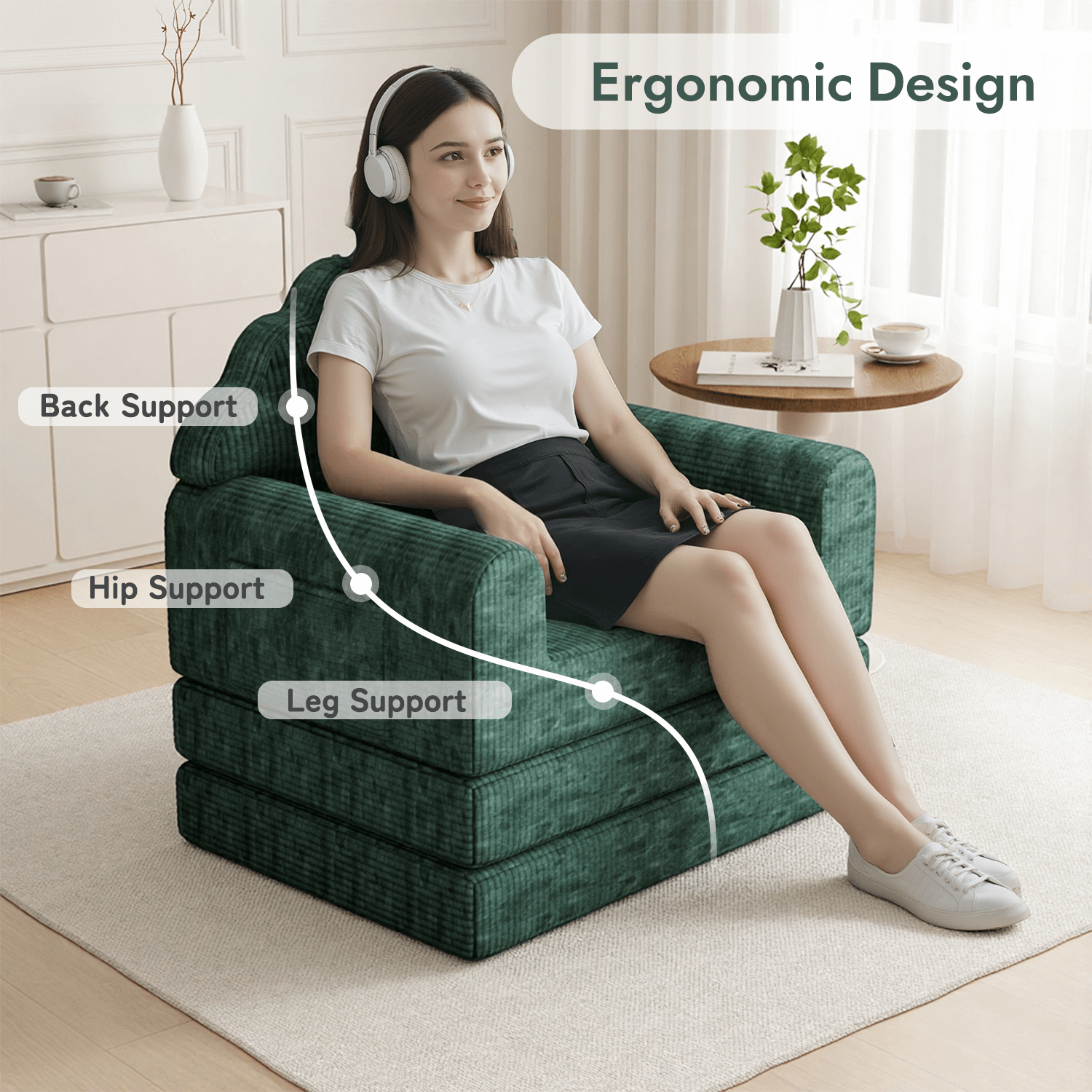 HOMREST 2-in-1 Folding Sofa Bed with Back Support, 75" D x 34" W Convertible Futon Sleeper Chair for Living Room Bedroom Small Spaces, Olive Green