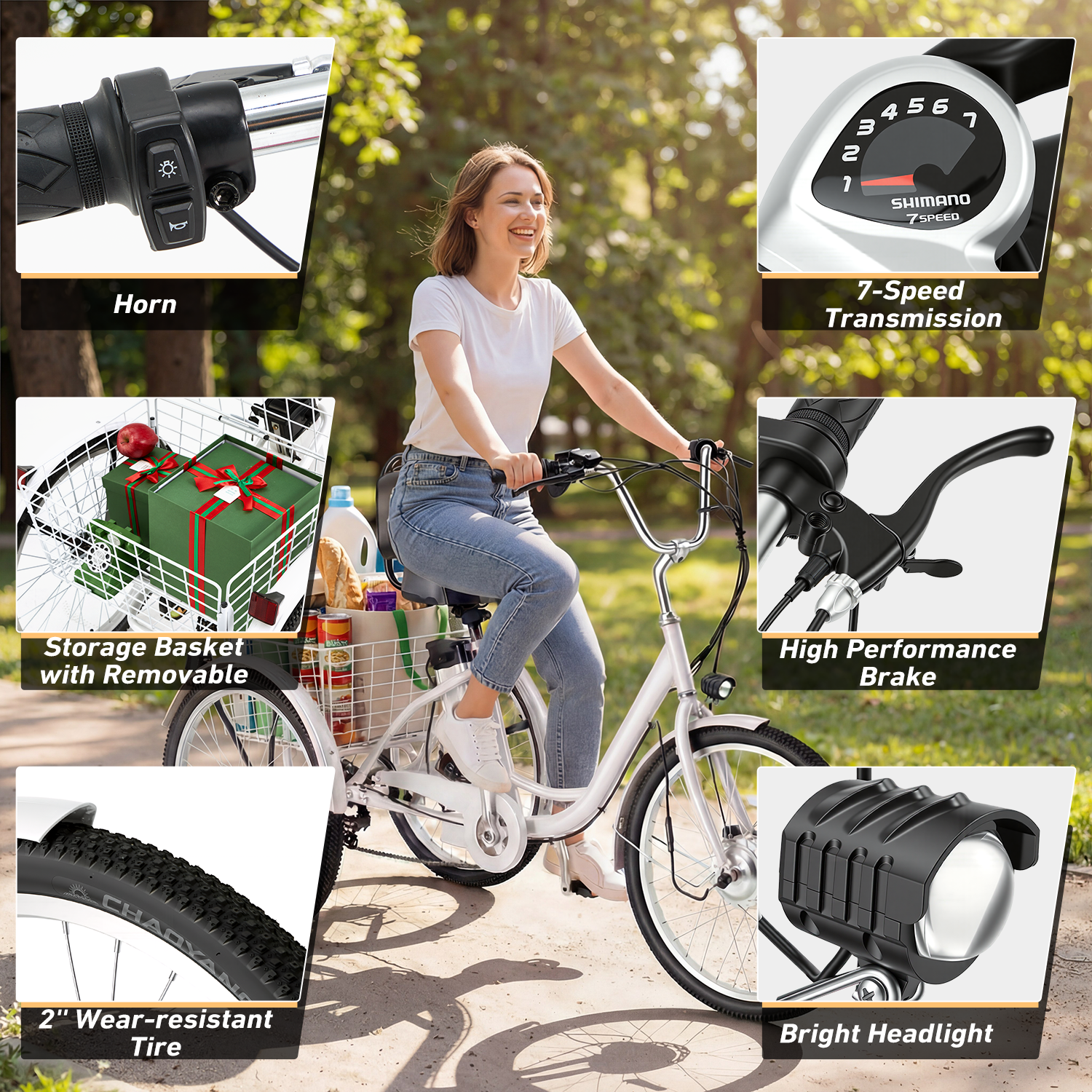 HOMREST Electric Trike for Adults,Peak 500W Brushless Motor, E-Trike with 24" x 2" Tires, Removable Battery, Charger,Step-Thru 3-Wheel Electric Bicycle, Up to 55 Miles Range, 15.5MPH+ Speed, White