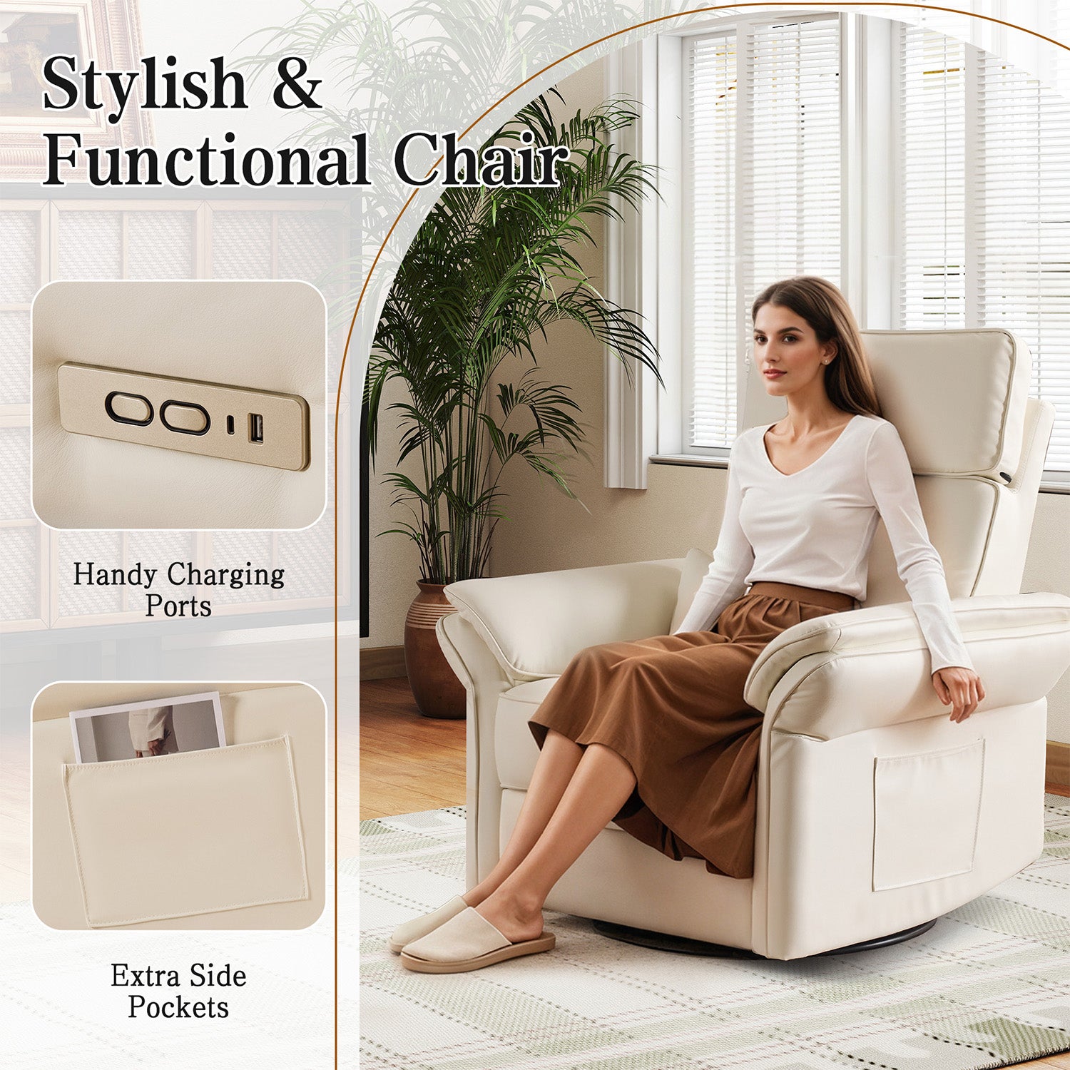 HOMREST Power Swivel Rocking Recliner Chair with Adjustable Headrest and Armrests, Beige