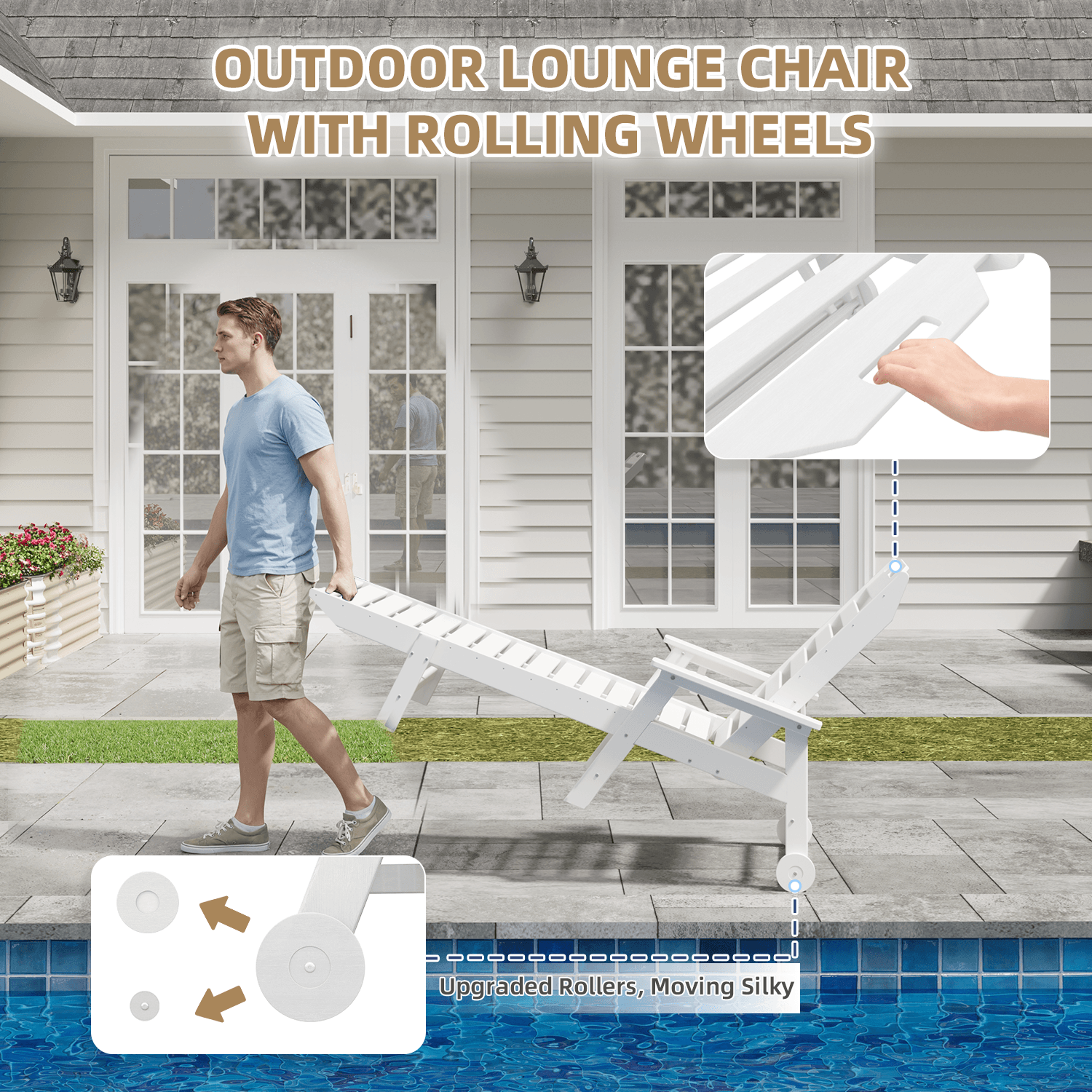 HOMREST 24" W Oversized Chaise Lounge Chairs Set of 2, Adjustable HDPE Outdoor Chairs with Wheels & Cup Holder, White