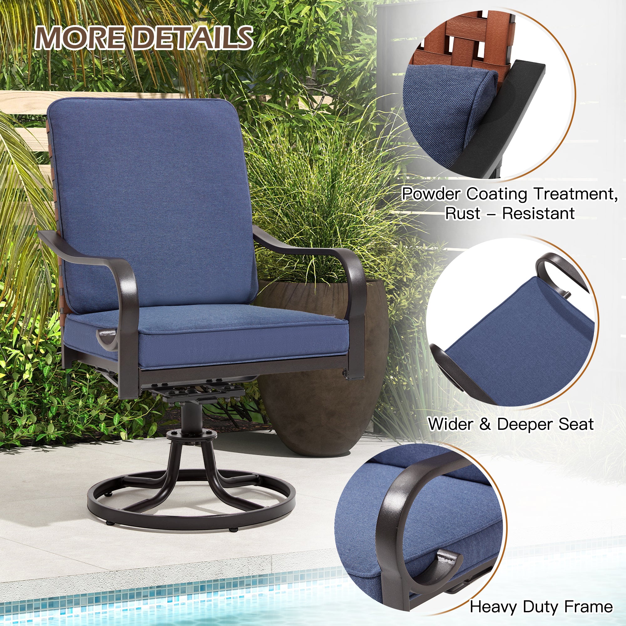 HOMREST Swivel Patio Chairs Set of 2 with Thickened Cushions, Blue
