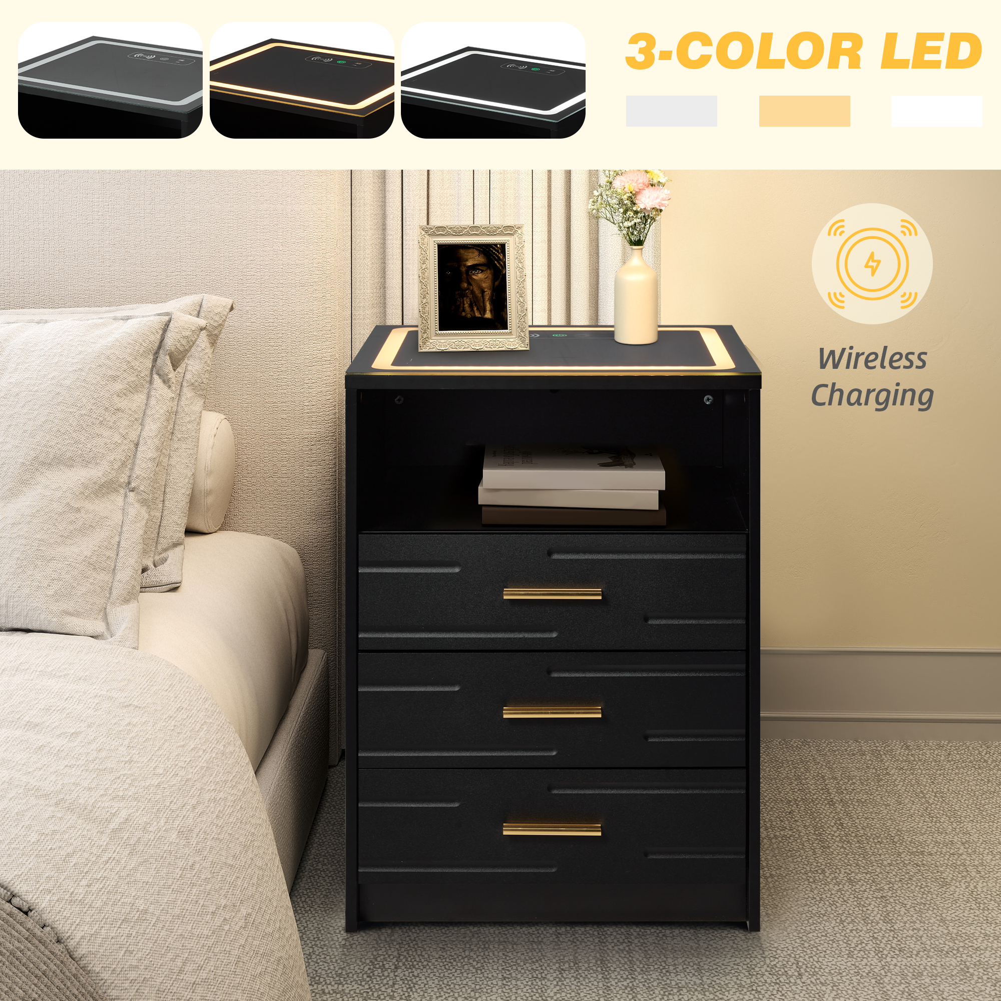 HOMREST LED Nightstand with Wireless Charging, Smart Bedside Table with Drawers & Adjustable LED Lights, Black