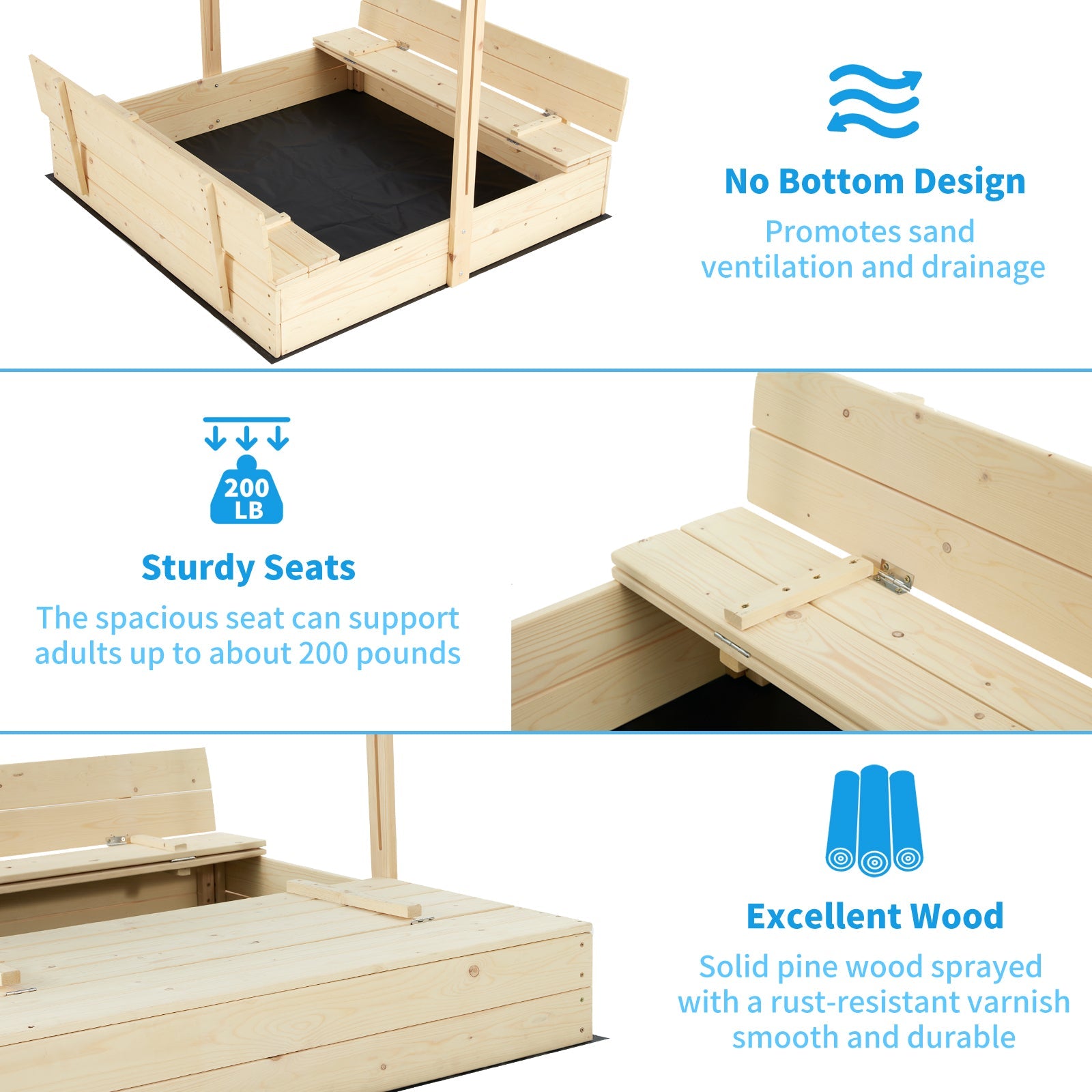 Homrest Kids Wooden Outdoor Sandbox with UV50 Sun/Sand Protection Liner Function Canopy, 2 Foldable Bench Seats, Height Adjustable Roof