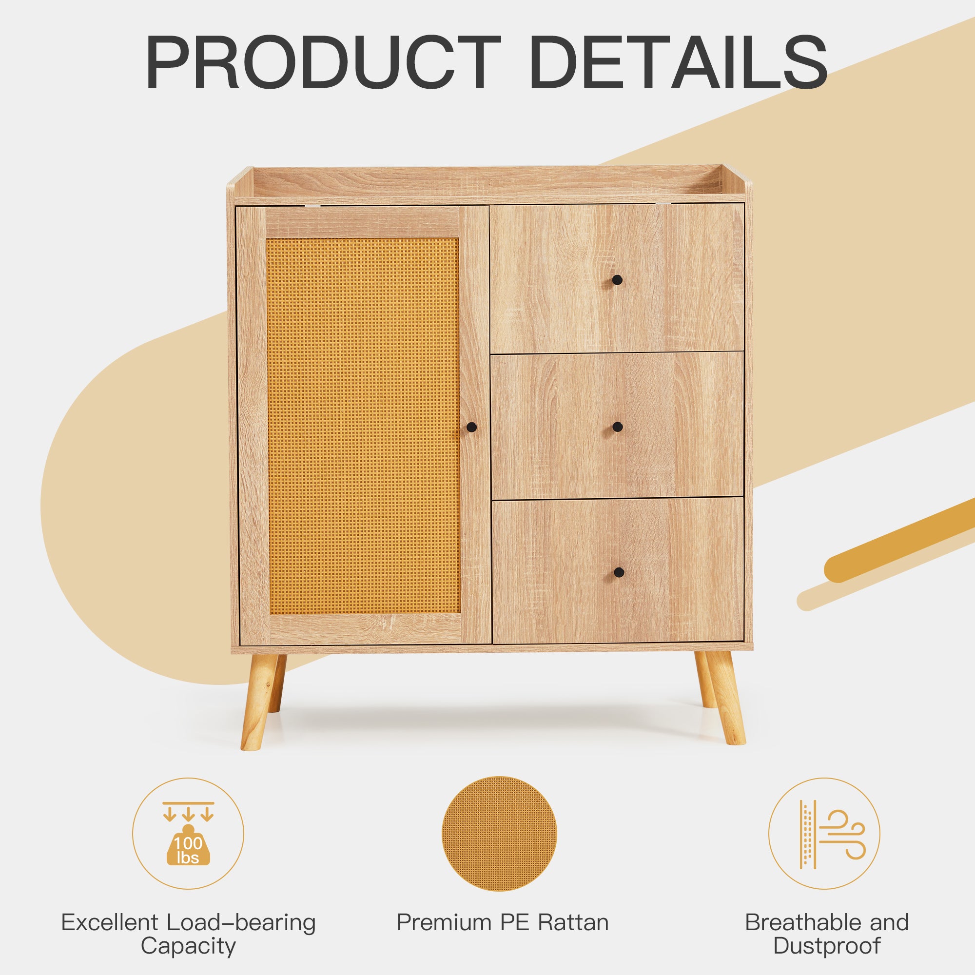 HOMREST Modern Cabinet with Rattan Door and 3 Drawers
