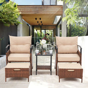HOMREST 5 Pieces Patio Furniture Set, Outdoor Rattan Chairs with Metal Coffee Table, Ottomans & Soft Cushions, Wicker Conversation Bistro Set, Beige