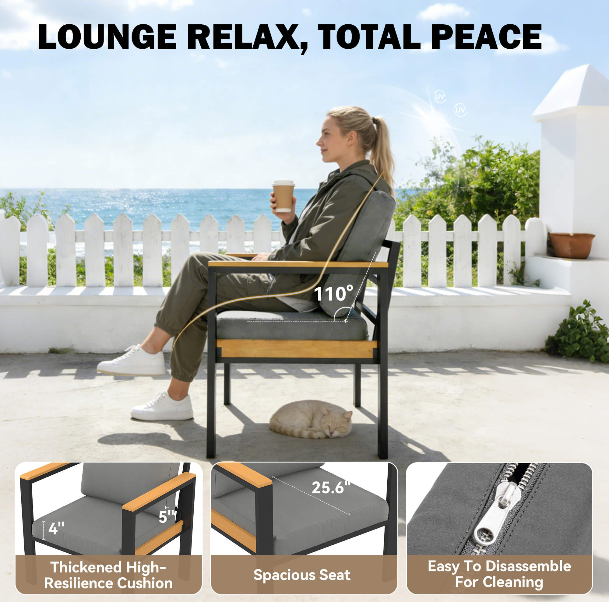 HOMREST 5 Piece Patio Furniture Set, Metal Patio Conversation Set with Coffee Table, All-Weather Outdoor Furniture, Gray