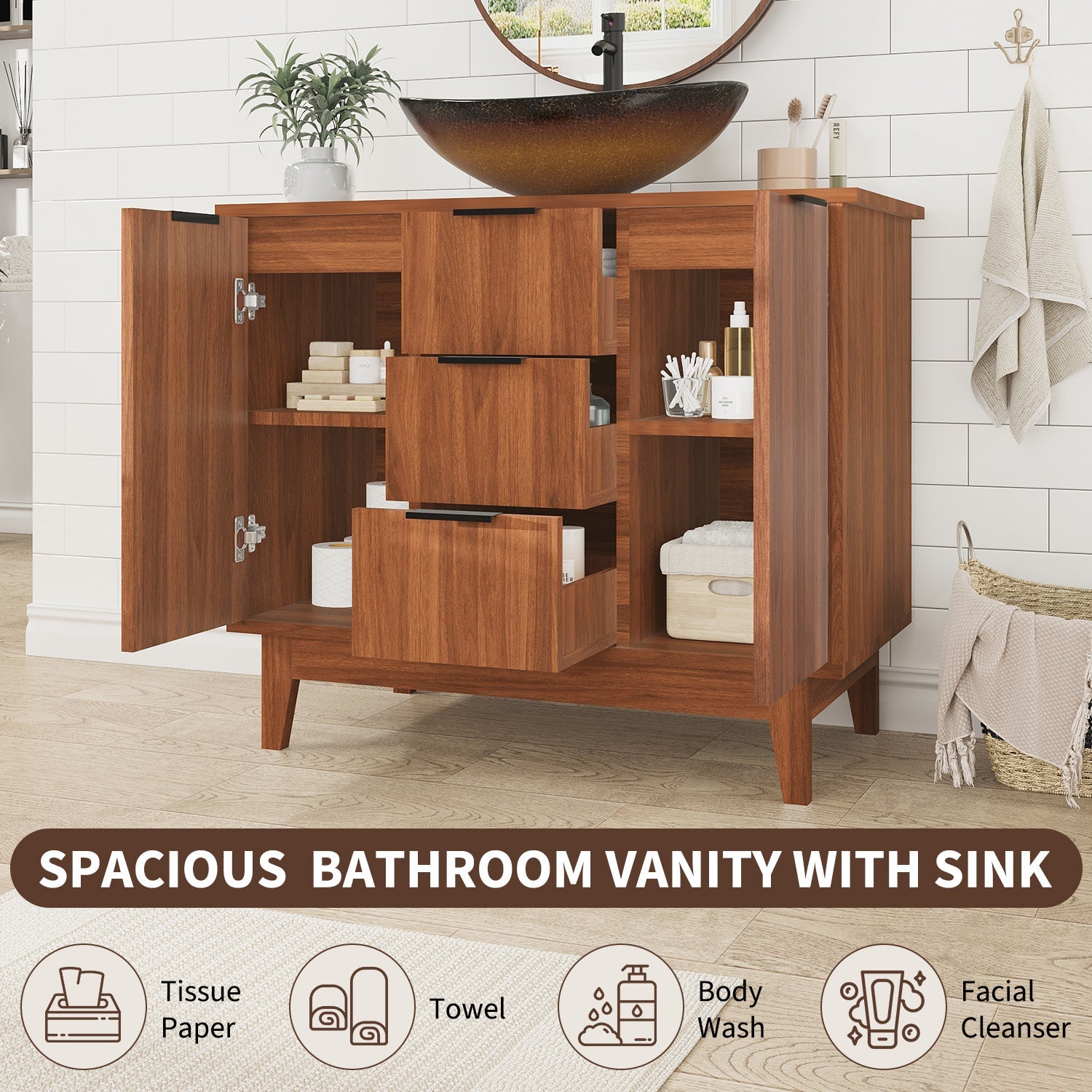 HOMREST 36 Inch Bathroom Vanity with Sink Combo, Bathroom Vanity with 3 Soft-Close Drawers, 2 Doors & Boat Glass Sink, Rustic Bathroom Cabinet Includes Adjustable Shelf, Water Tap & Sink Accessories