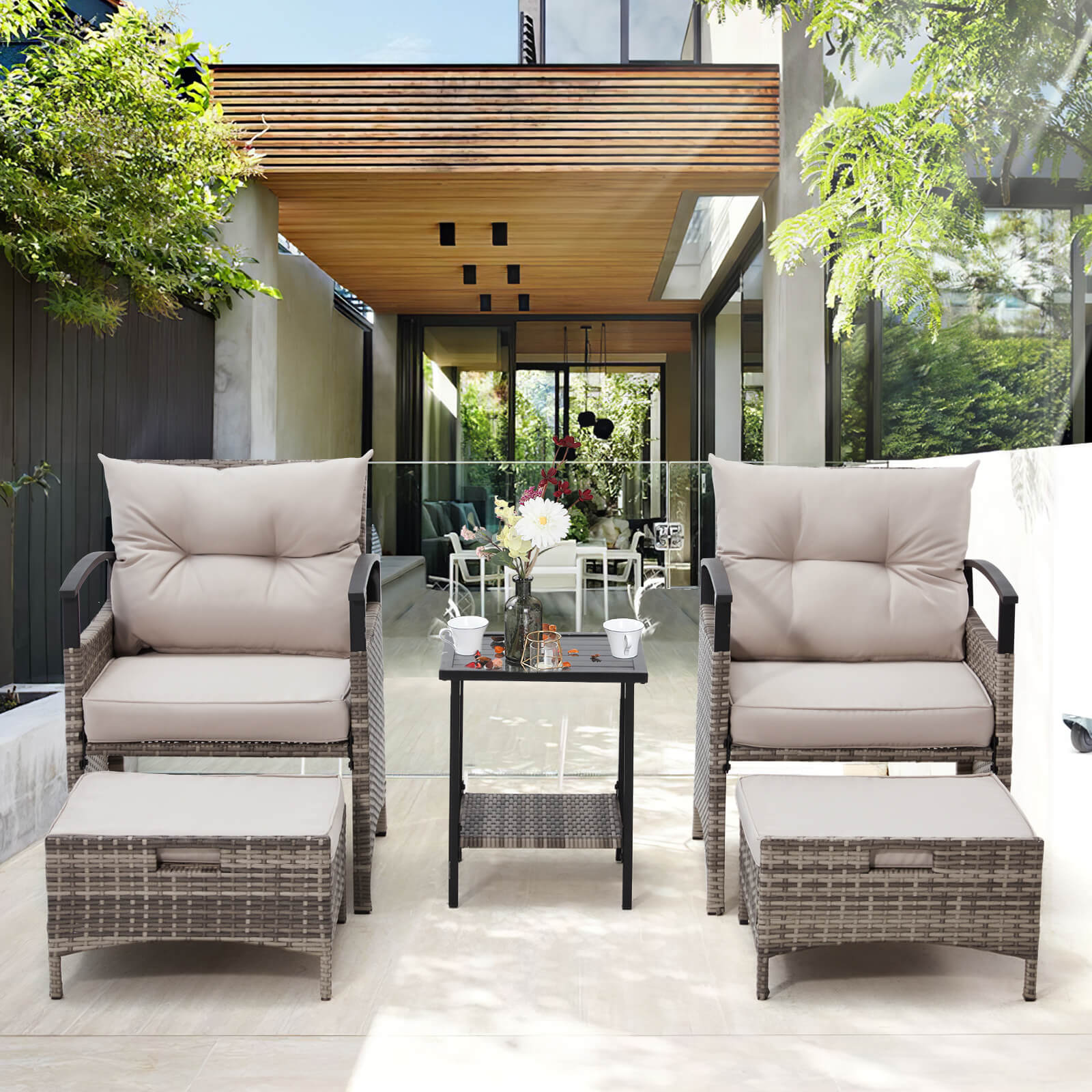 HOMREST 5 Pieces Patio Furniture Set, Outdoor Rattan Chairs with Metal Coffee Table, Ottomans & Soft Cushions, Wicker Conversation Bistro Set, Gray