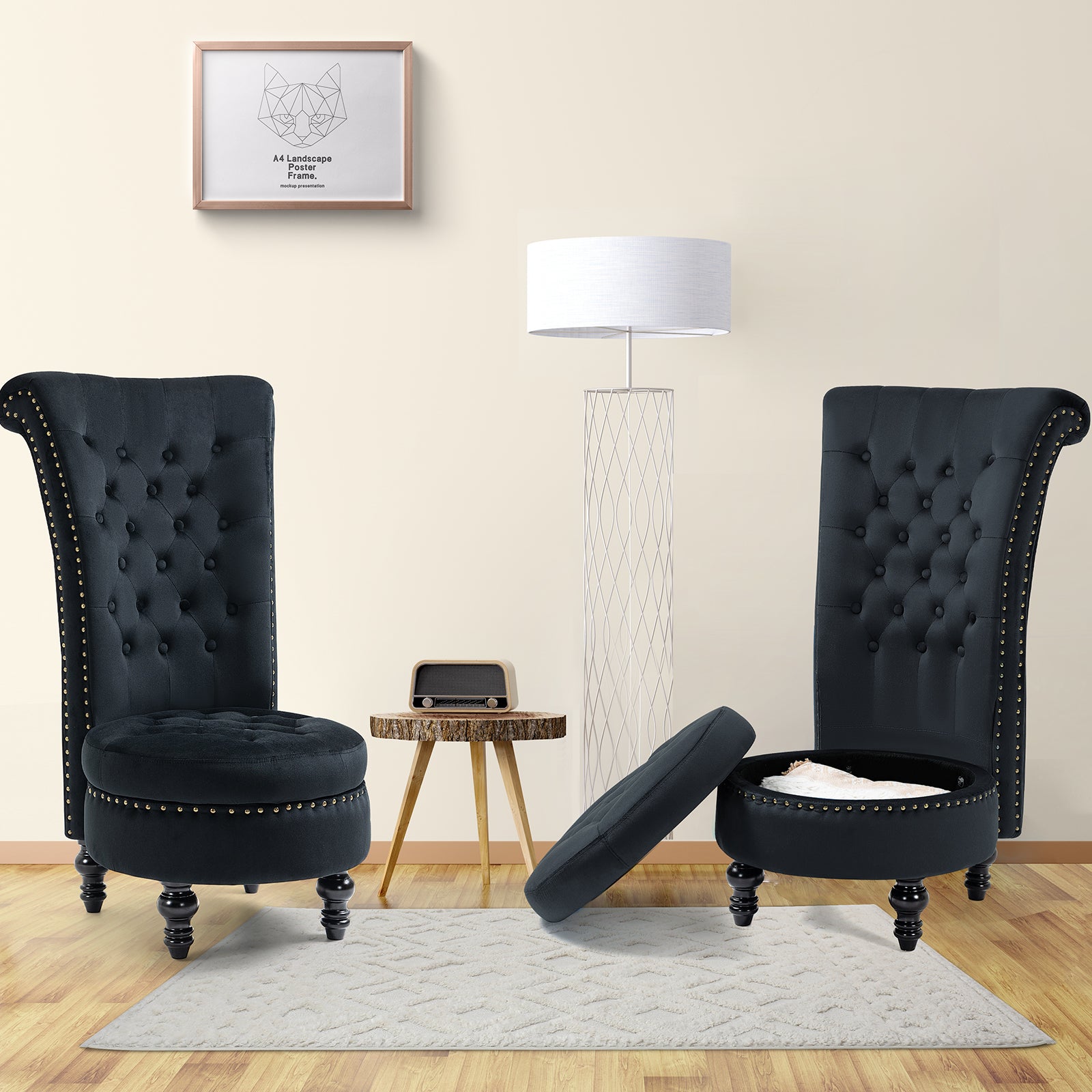HOMREST High Back Throne Chair, Velvet Armless Royal Accent Chair w/Storage, Nailhead Trim & Rubberwood Legs for Living Room & Bedroom, Black