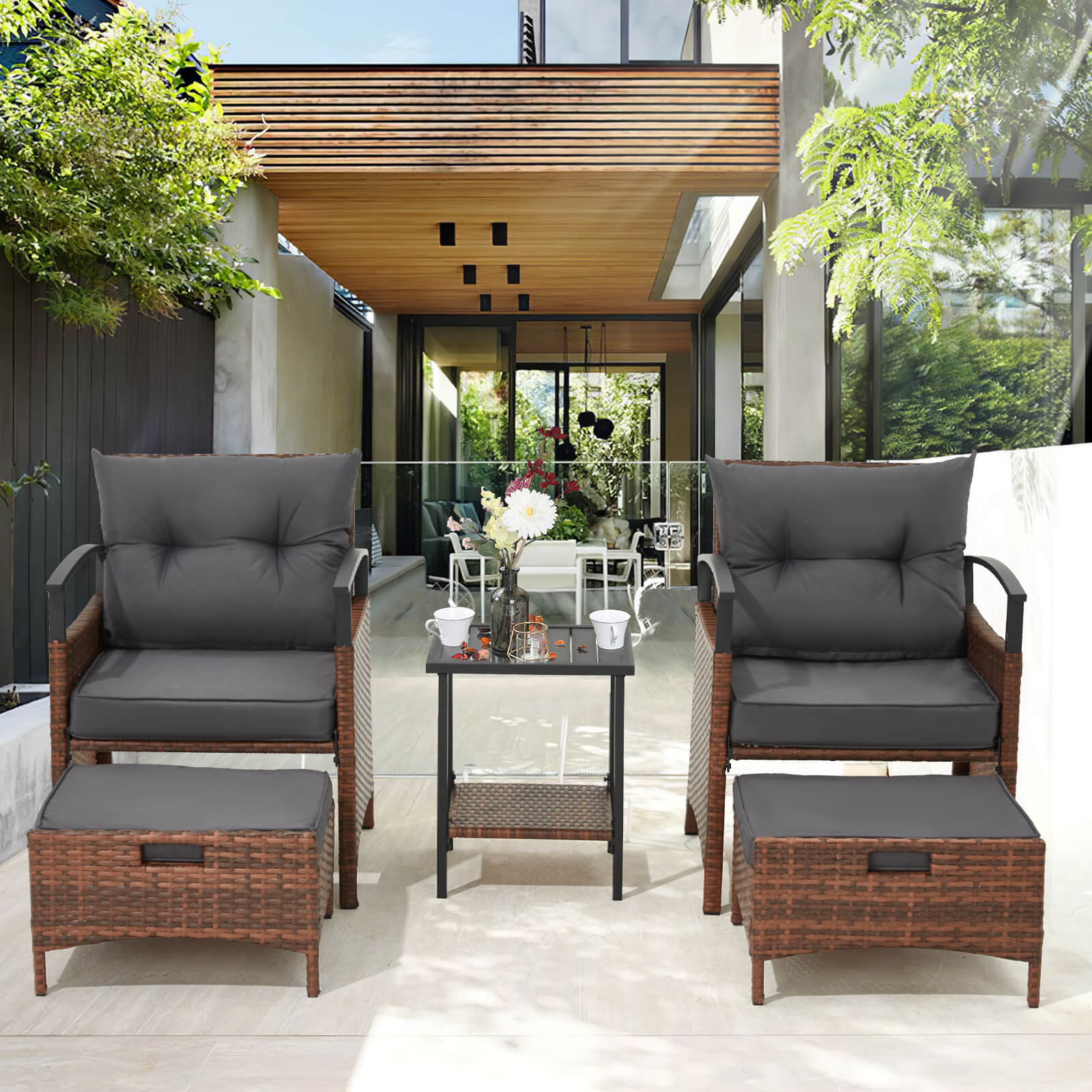 HOMREST 5 Pieces Patio Furniture Set, Outdoor Rattan Chairs with Metal Coffee Table, Ottomans & Soft Cushions, Wicker Conversation Bistro Set, Dark Gray