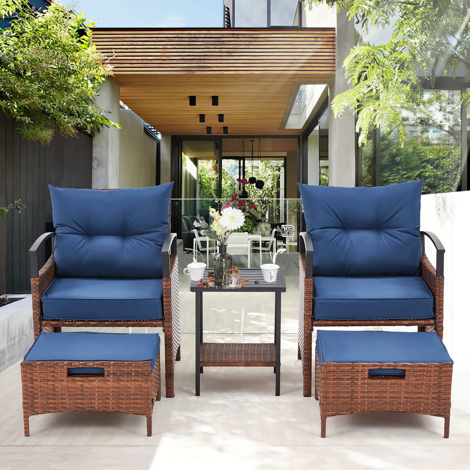 HOMREST 5 Pieces Patio Furniture Set, Outdoor Rattan Chairs with Metal Coffee Table, Ottomans & Soft Cushions, Wicker Conversation Bistro Set, Blue