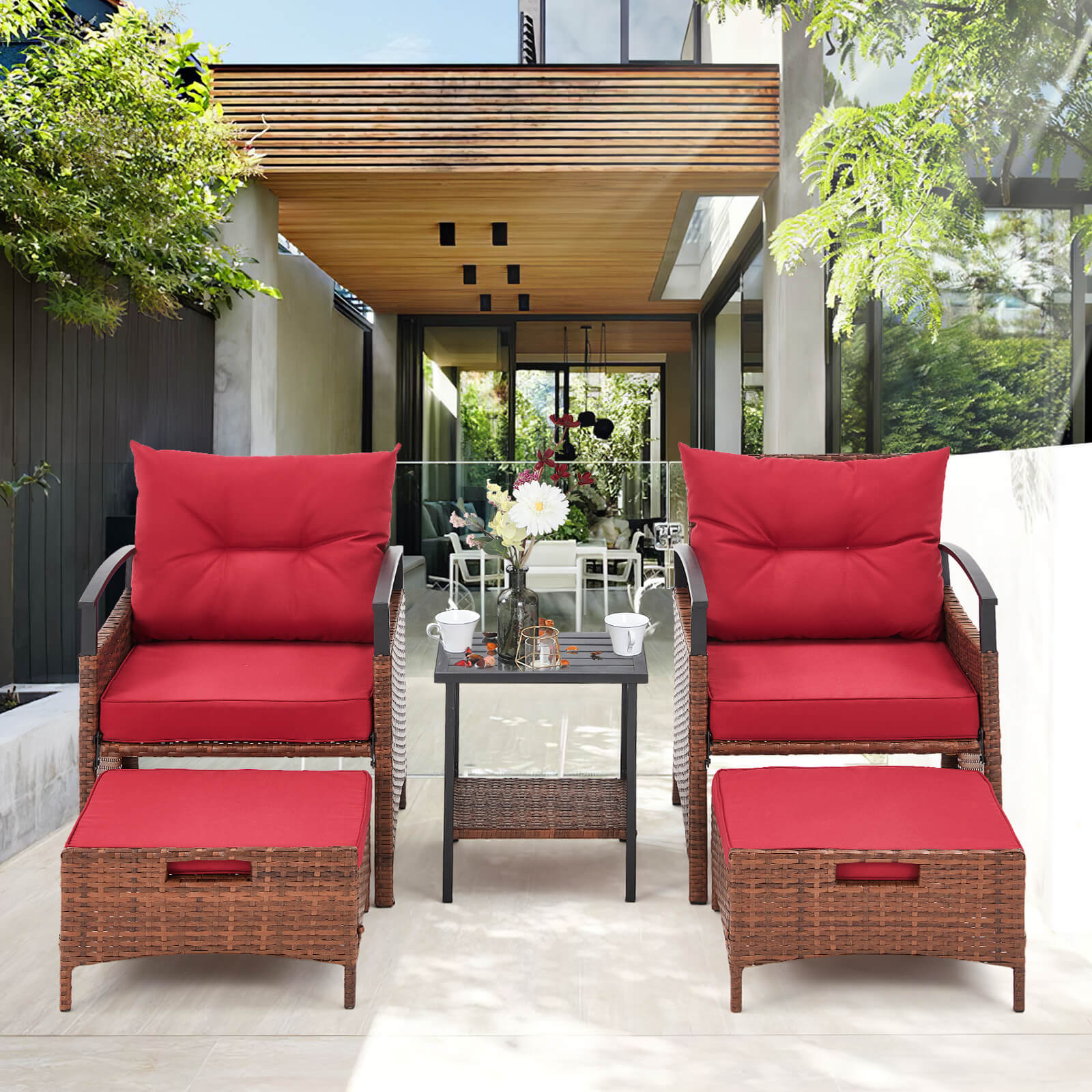 HOMREST 5 Pieces Patio Furniture Set, Outdoor Rattan Chairs with Metal Coffee Table, Ottomans & Soft Cushions, Wicker Conversation Bistro Set for Garden, Porch, Deck, Balcony, Red