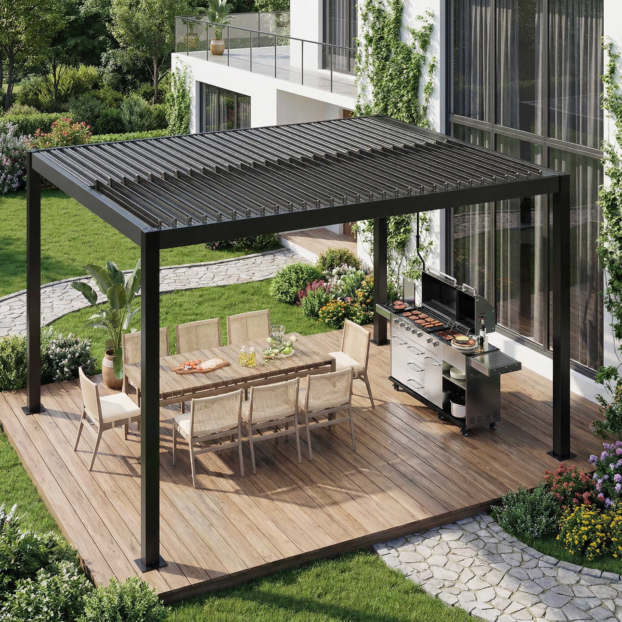 HOMREST 10' x 12' Outdoor Pergola with Adjustable Louvered Roof & Integrated Drainage, Heavy-Duty Metal Louvered Pergola for Patios, Black