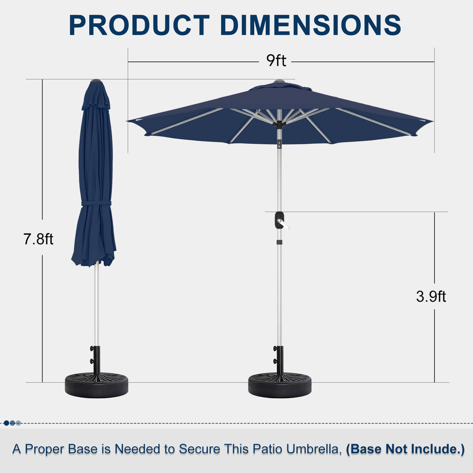 Homrest 9FT Aluminum Patio Umbrella, Fade-Resistant with Push Tilt, 8 Sturdy Aluminum Ribs Navy Blue