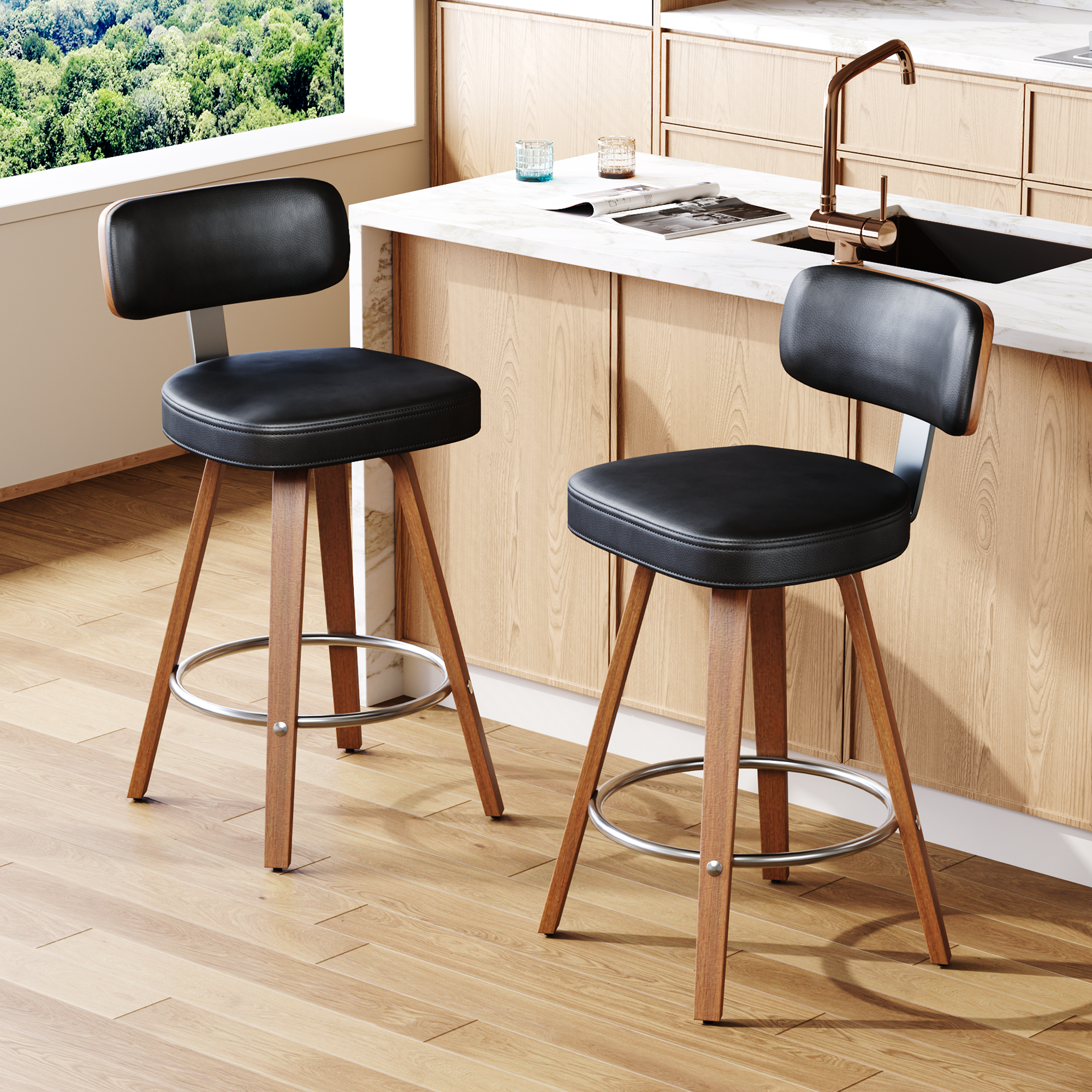 HOMREST Swivel Upholstered Counter & Bar Stool With Curved Back, Mid Century Modern Bar Chair With Solid Wood Frame And Metal Footrest (set Of 2), Black