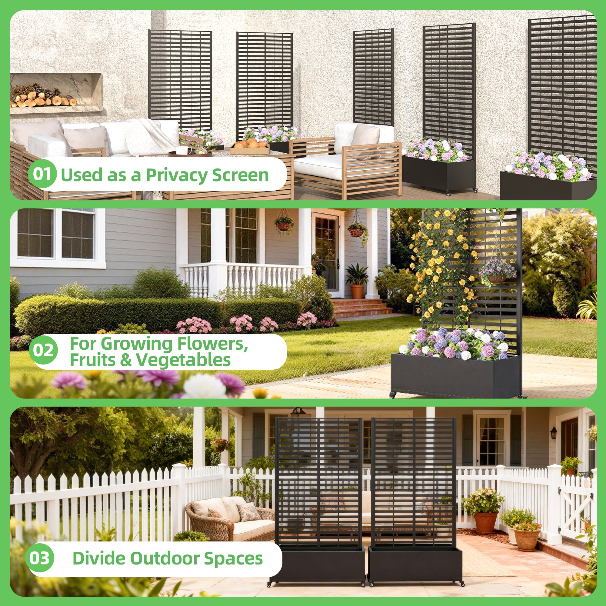 HOMREST Metal Planter Box with Trellis, 73"x 35"x 16" Raised Garden Bed with Wheels and Drainage Holes, Planter with Trellis for Garden, Balcony and Patio, Black Louvered