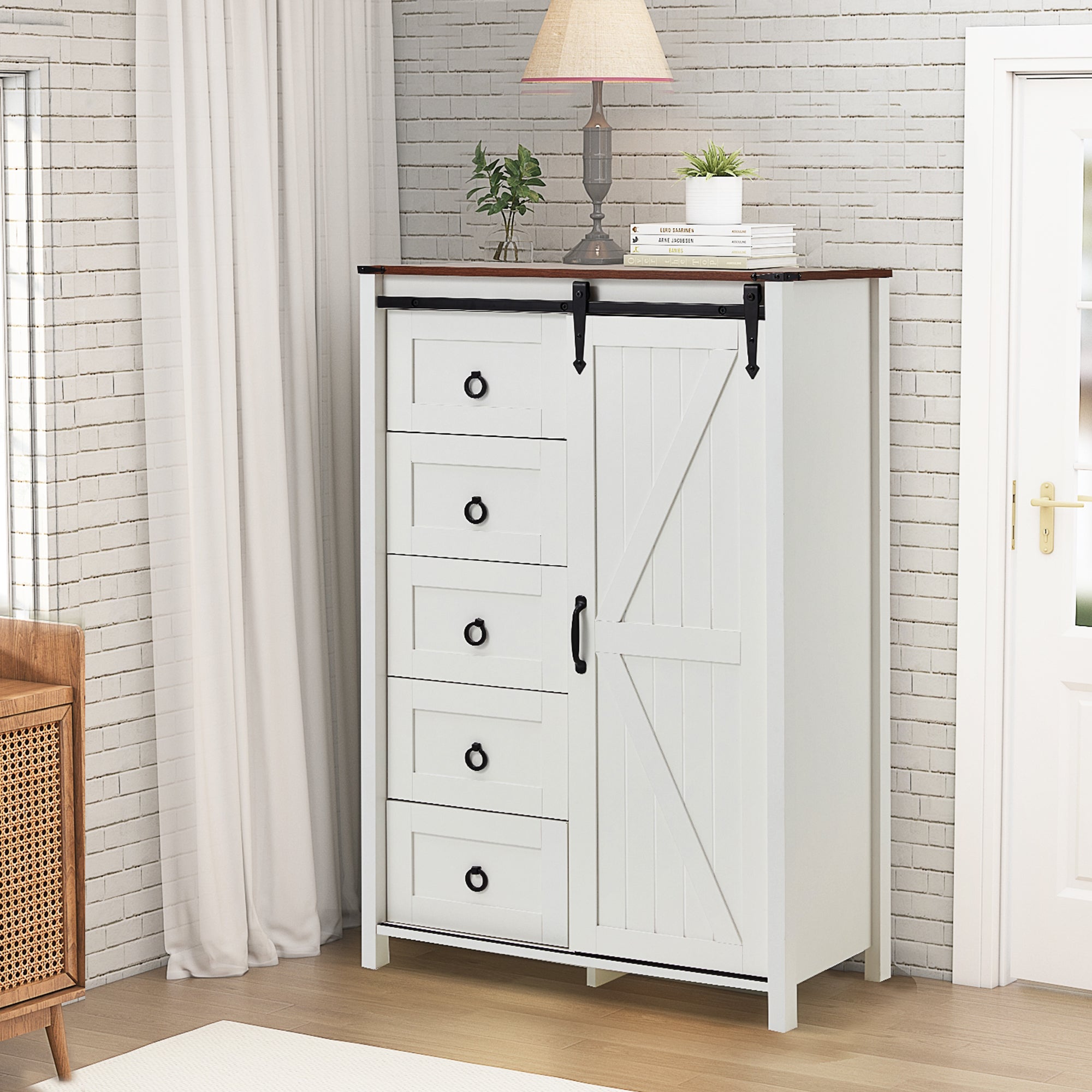 HOMREST Farmhouse 48" Tall Chest of Drawers, Wooden Closet Dresser with Sliding Barn Door, Storage Organizer Dresser for Living Room, Hallway, White