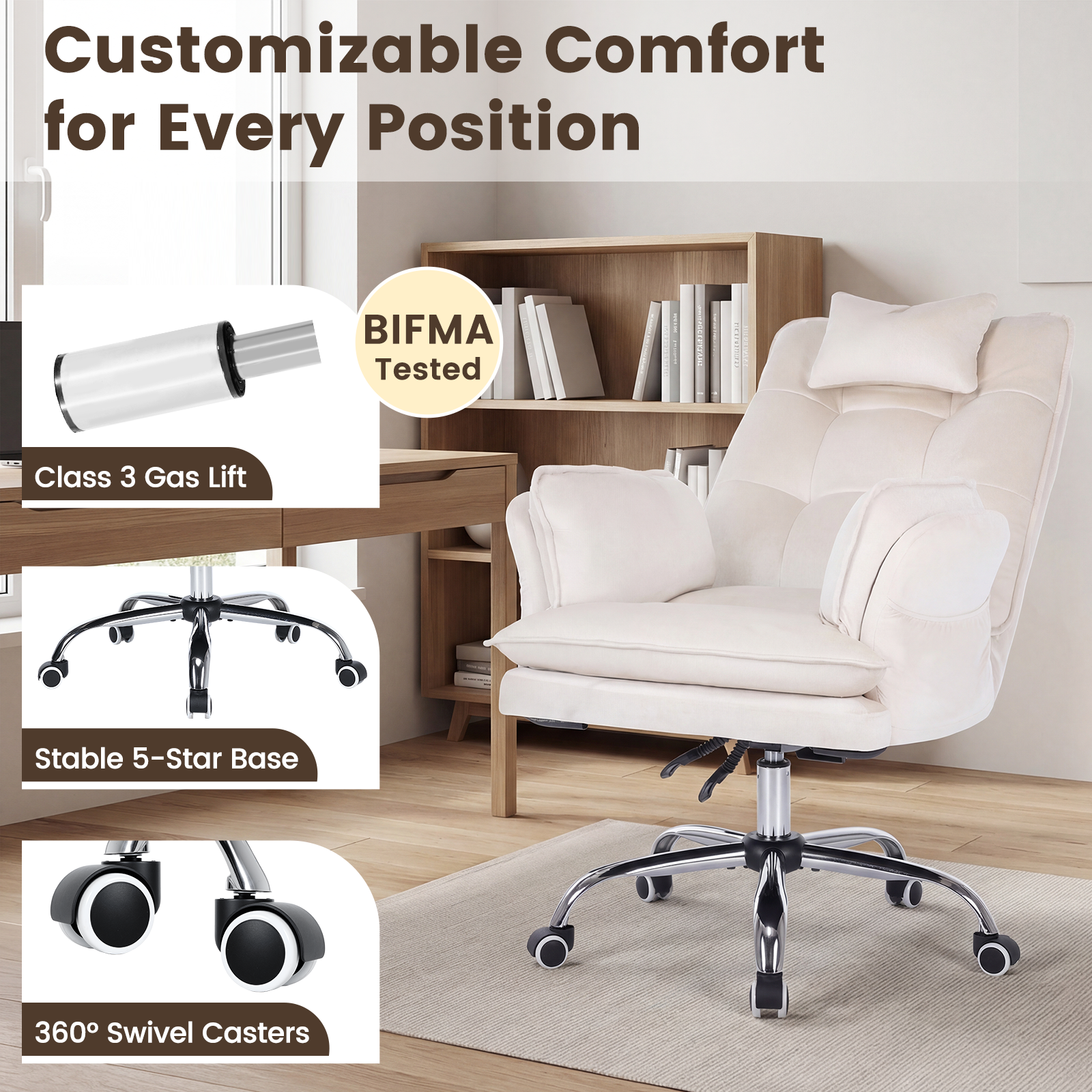 HOMREST Criss Cross Chair with Wheels, Big and Tall Velvet Office Chair Reversible Armrest and Wide Seat, Comfy, Beige