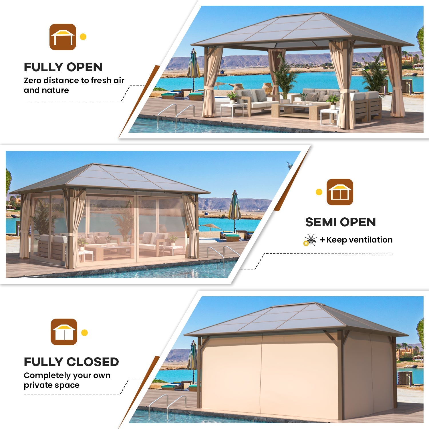 Homrest 12' x 16' Hardtop Gazebo, Outdoor Polycarbonate Roof Canopy, Aluminum Frame Permanent Pavilion, Sunshade