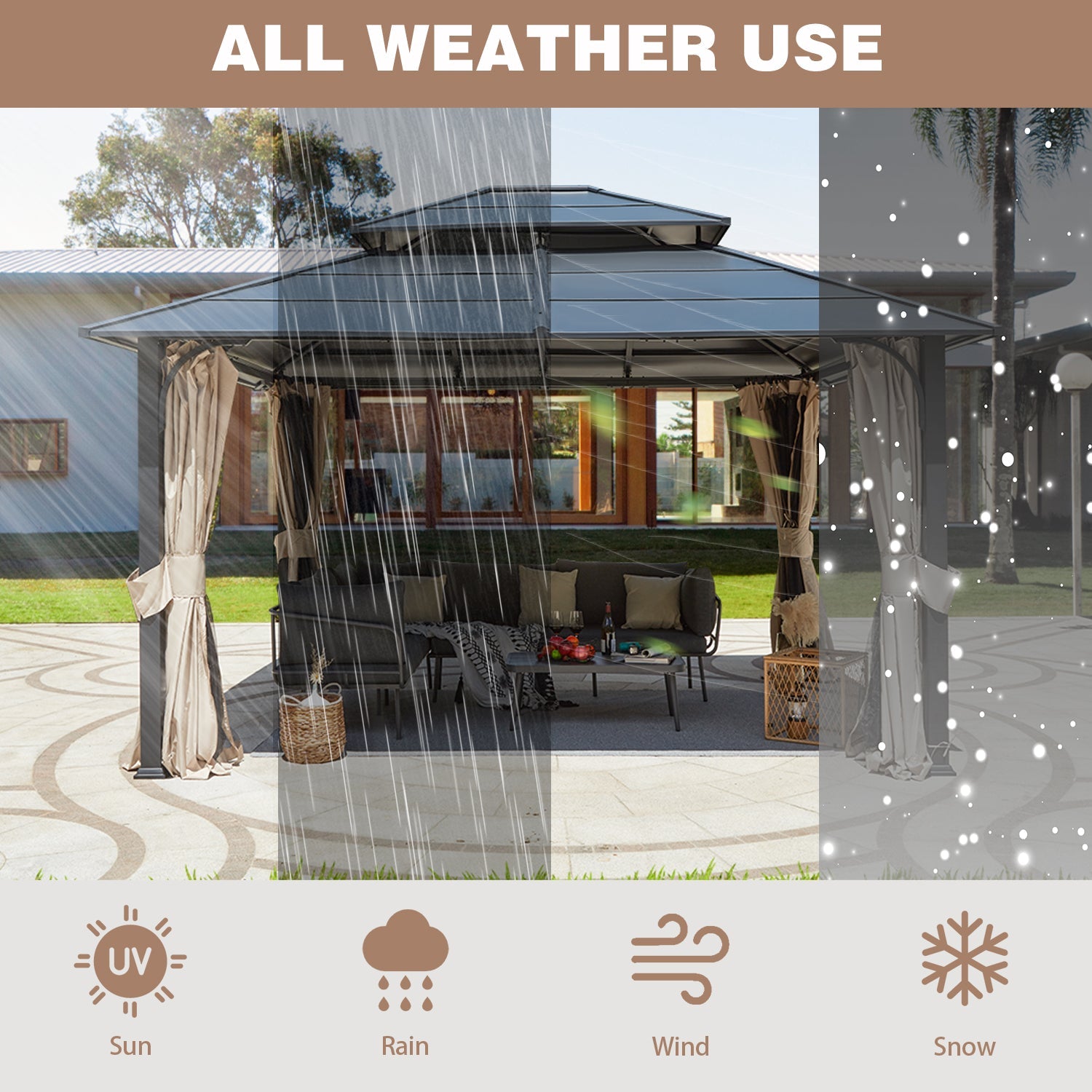 Homrest 12' x 14' Hardtop Gazebo Outdoor Double Roof with Curtains and Netting,  Anti-Rust Coating Frame