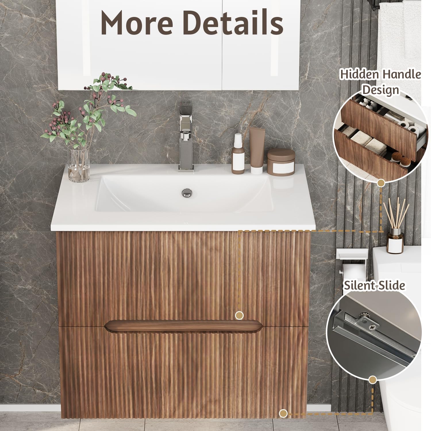 HOMREST 24 Inch Bathroom Vanity with Sink, Floating Bathroom Vanity with Ceramic Basin, Wall Mounted Bathroom Sink Cabinet Set with Soft-Close 2 Drawers, Faucet & Pop Up Drain, Walnut