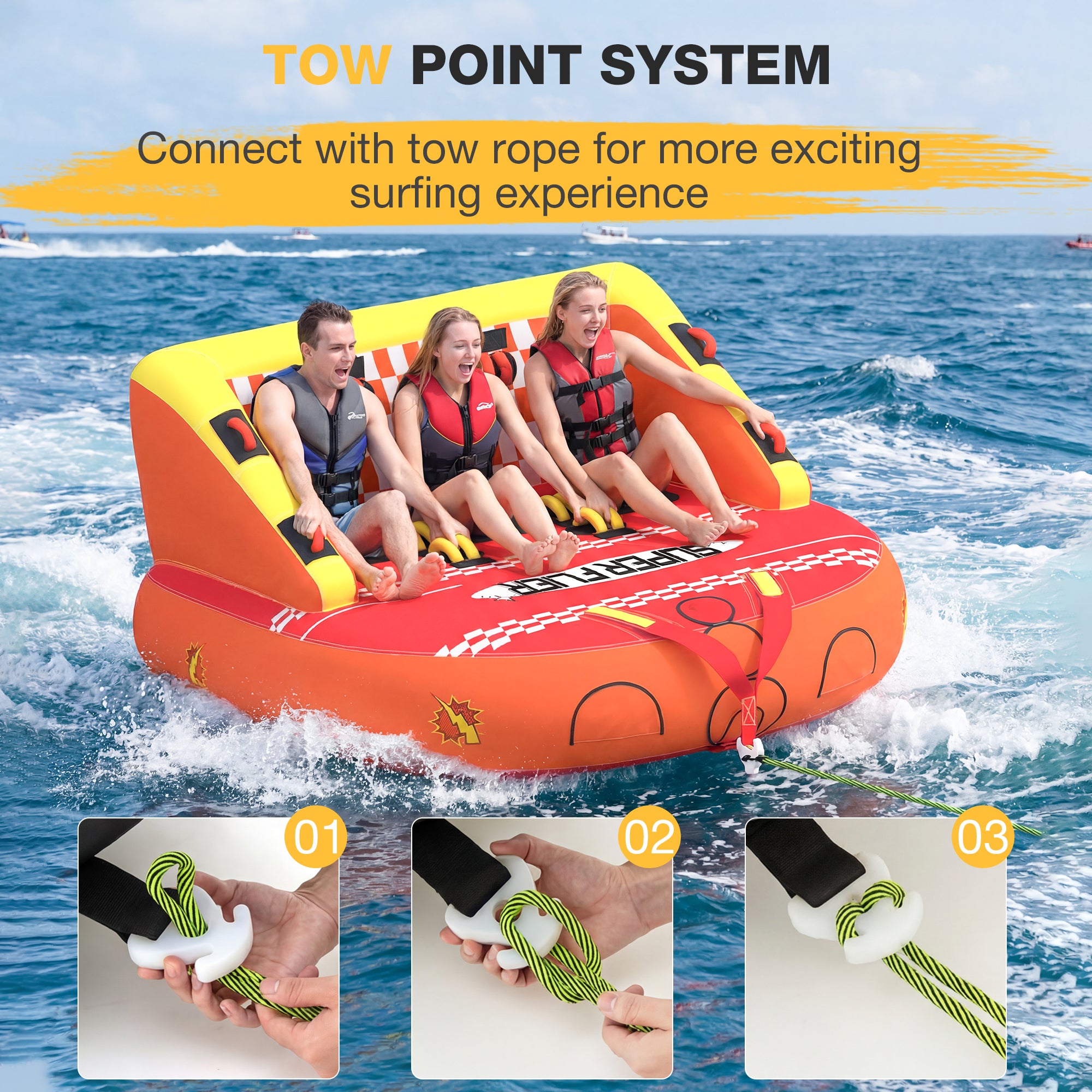 HOMREST 3-Person Towable Tubes for Boating, Front/Back Tow Points Sofa Couch Style Boat Tubes