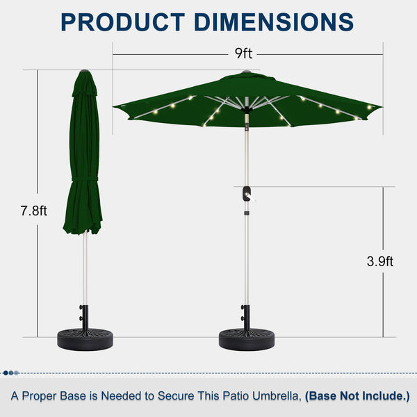 Homrest 9FT Solar Patio Umbrella with Tilt, 8 Aluminum Ribs for Gardens, Green