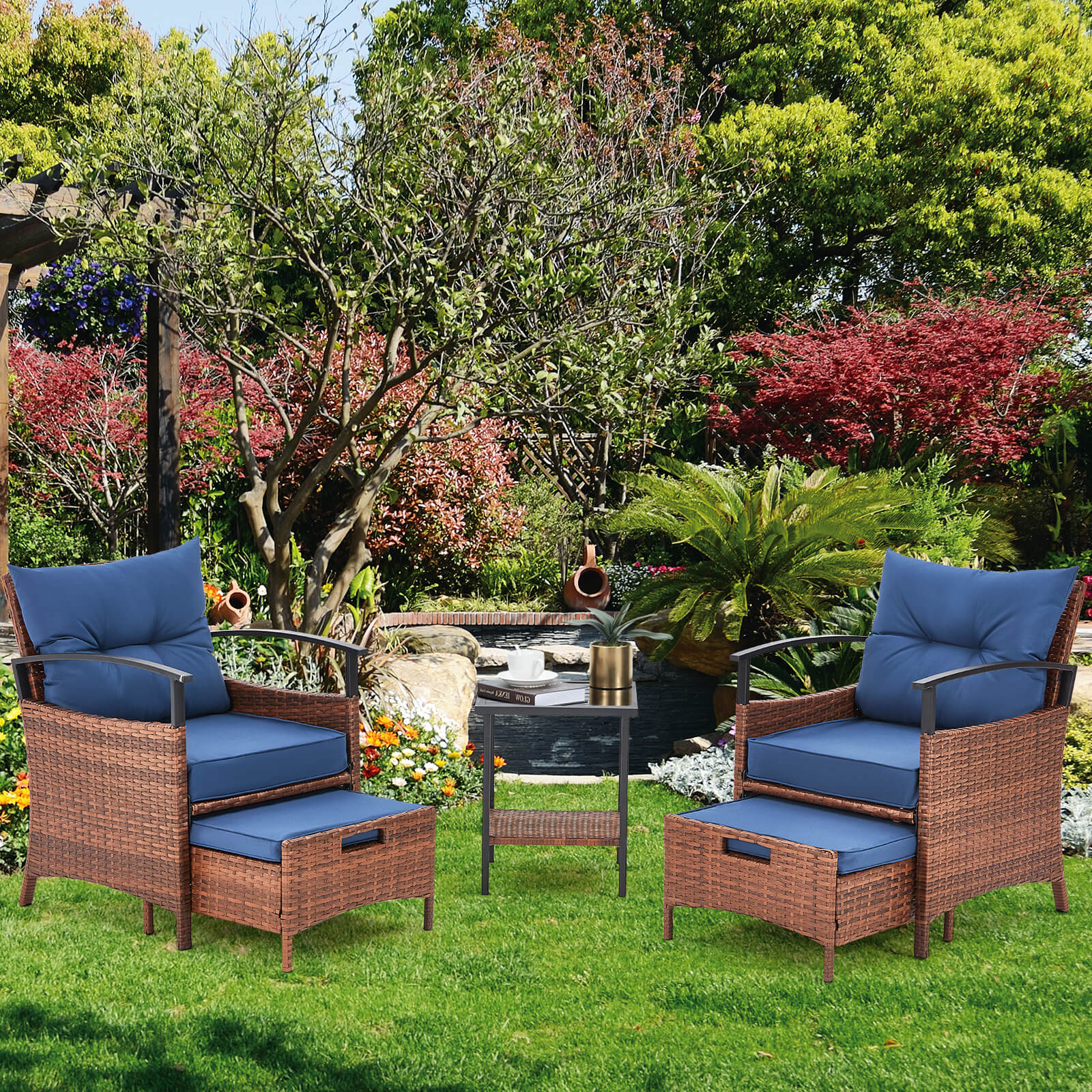 HOMREST 5 Pieces Patio Furniture Set, Outdoor Rattan Chairs with Metal Coffee Table, Ottomans & Soft Cushions, Wicker Conversation Bistro Set, Blue