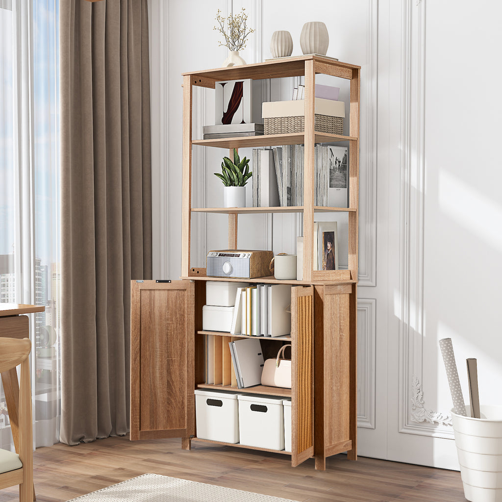 HOMREST Rattan Bookcase with cabinet, Heavy Duty Freestanding Bookcase With Storage Open Display, Beige