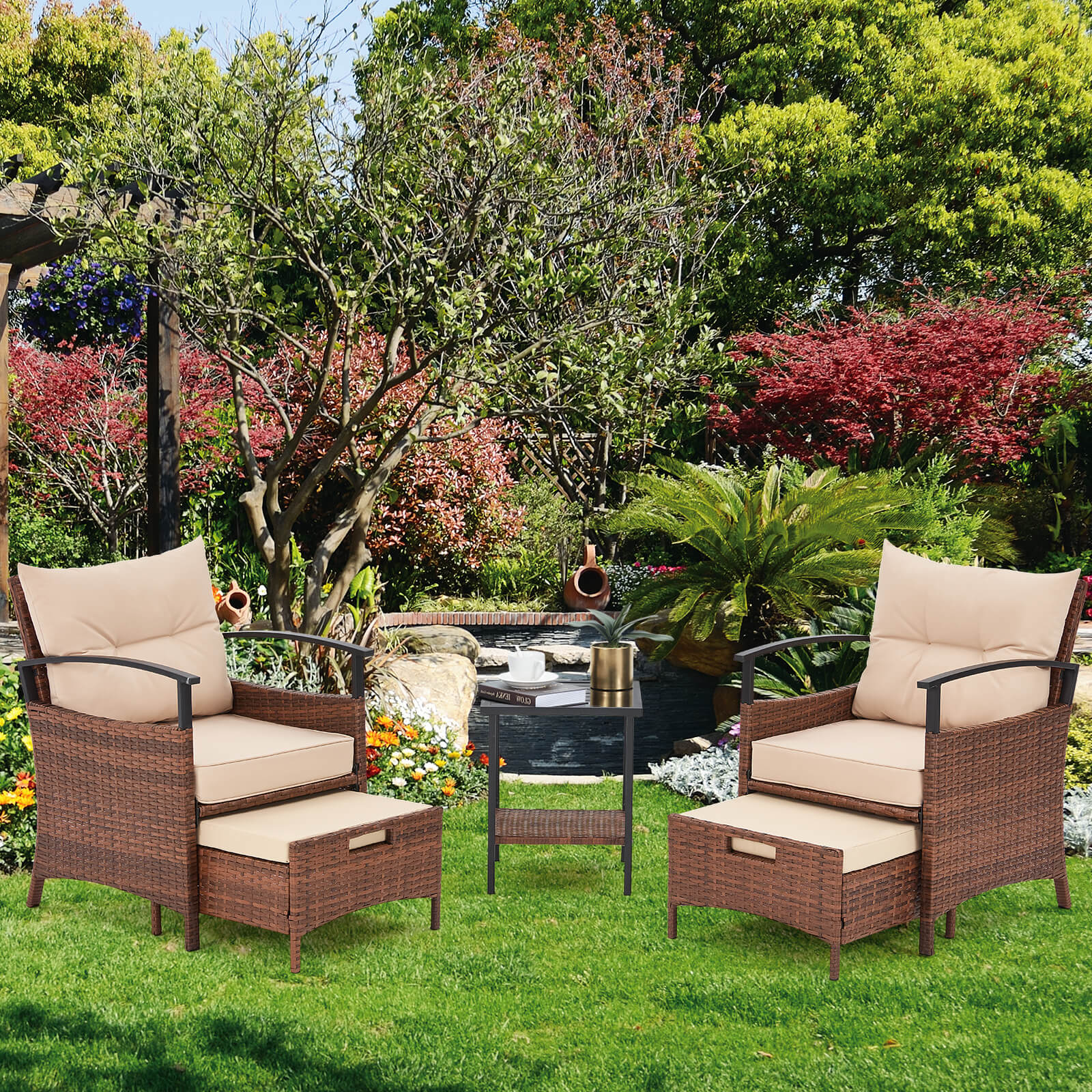 HOMREST 5 Pieces Patio Furniture Set, Outdoor Rattan Chairs with Metal Coffee Table, Ottomans & Soft Cushions, Wicker Conversation Bistro Set, Beige