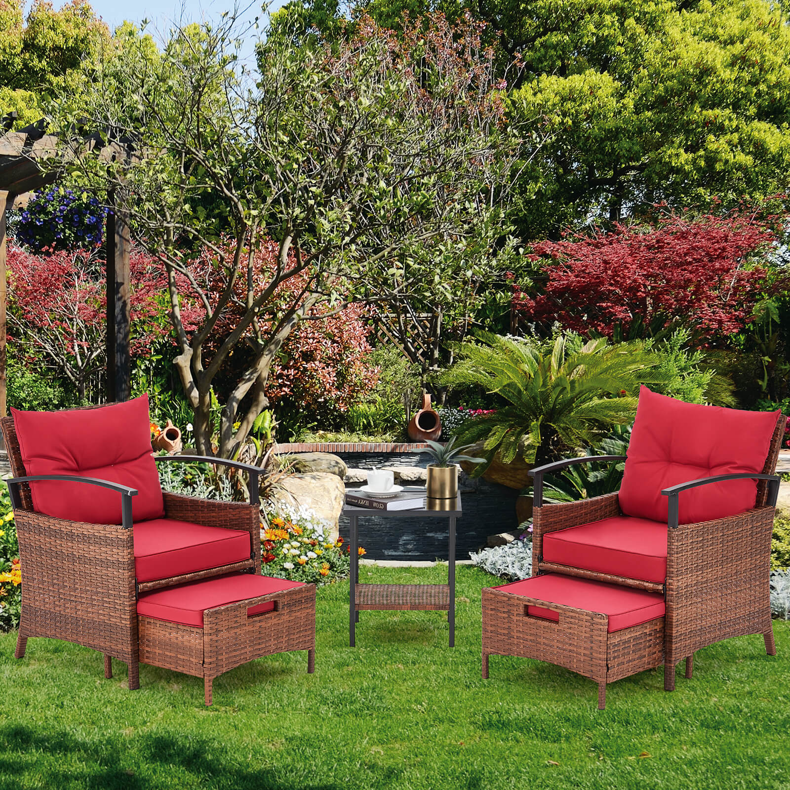 HOMREST 5 Pieces Patio Furniture Set, Outdoor Rattan Chairs with Metal Coffee Table, Ottomans & Soft Cushions, Wicker Conversation Bistro Set for Garden, Porch, Deck, Balcony, Red