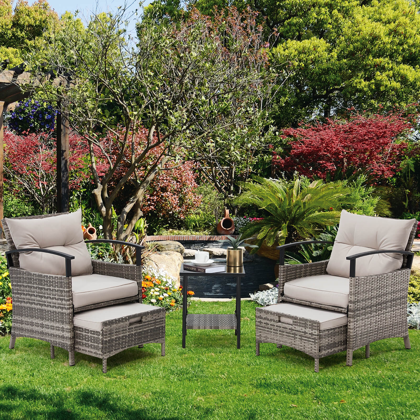 HOMREST 5 Pieces Patio Furniture Set, Outdoor Rattan Chairs with Metal Coffee Table, Ottomans & Soft Cushions, Wicker Conversation Bistro Set, Gray