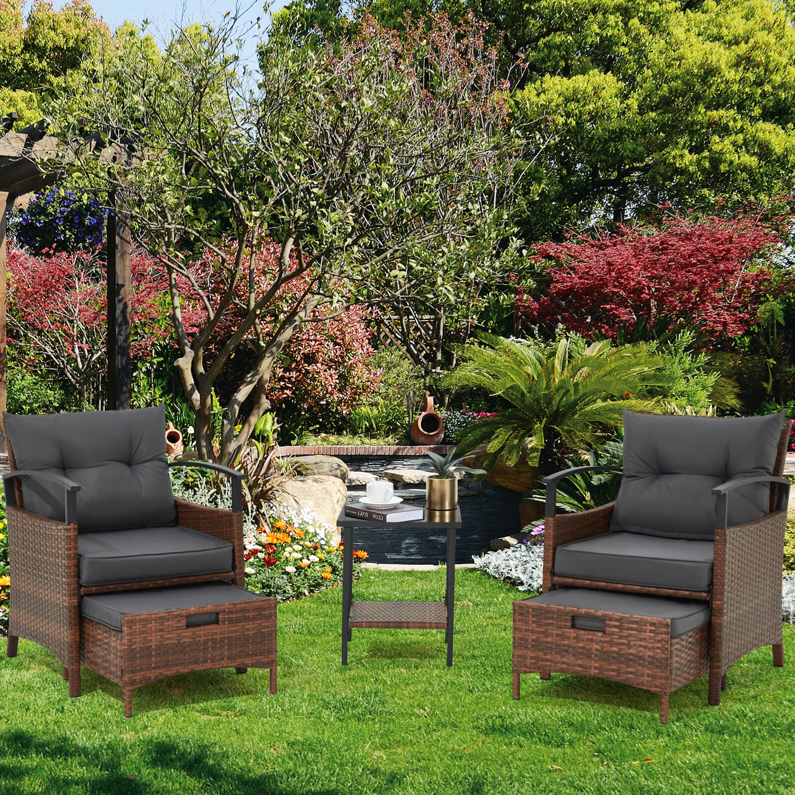 HOMREST 5 Pieces Patio Furniture Set, Outdoor Rattan Chairs with Metal Coffee Table, Ottomans & Soft Cushions, Wicker Conversation Bistro Set, Dark Gray