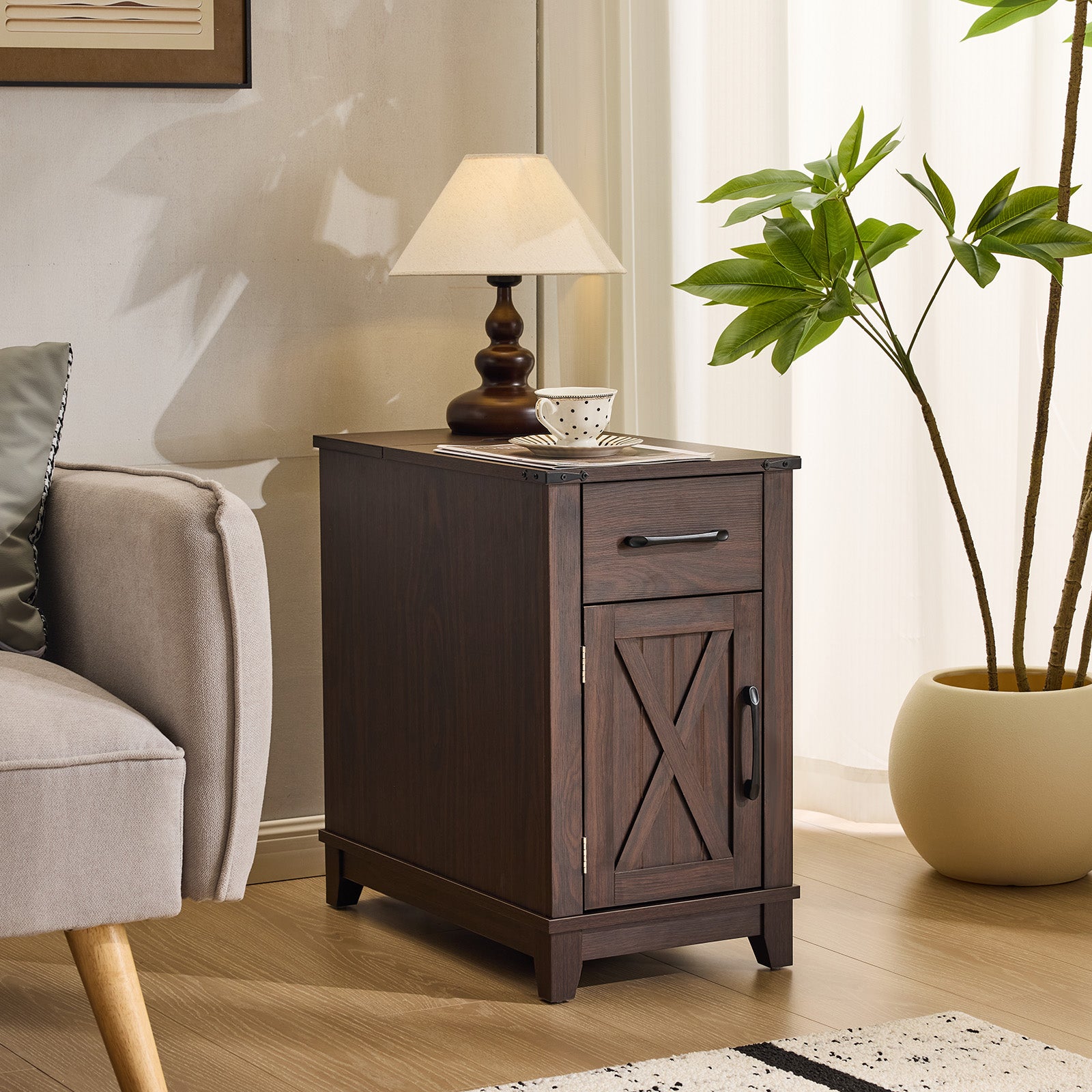 HOMREST Farmhouse End Table with Charging Station, Narrow Side Table for Living Room, Nightstand with Drawer and Storage Cabinet, Choco
