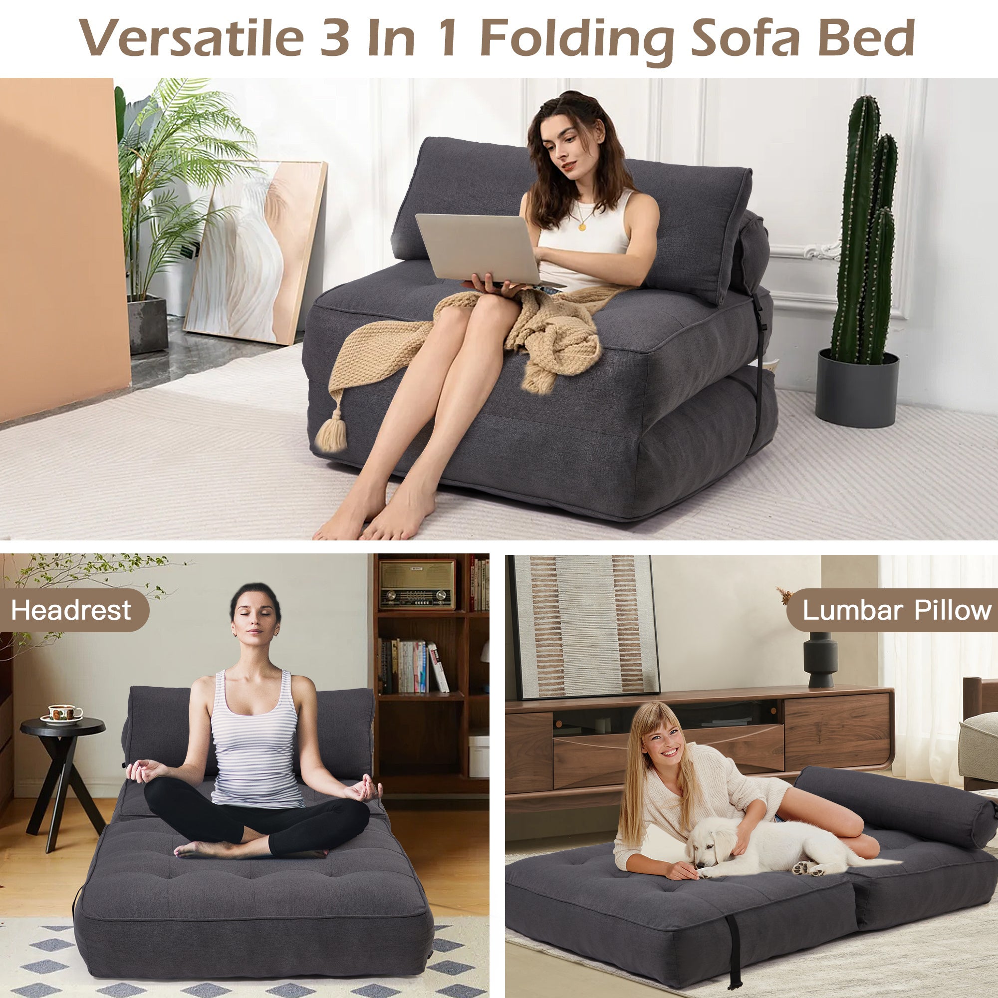 HOMREST Folding Out Chair Bed, Convertible Sofa Bed with 2 Pillows, Dark Gray