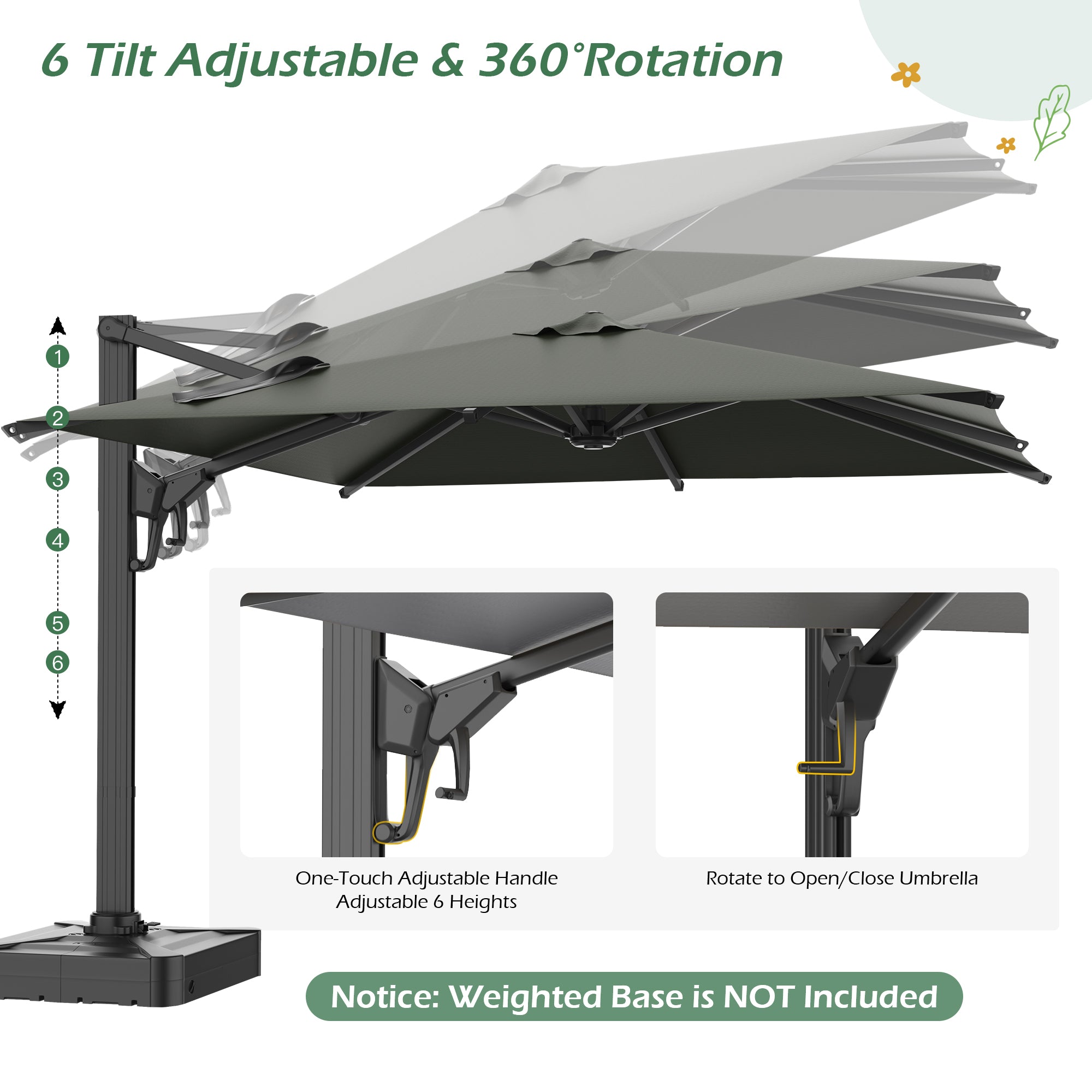 HOMREST 10x10ft Large Rectangular Cantilever Umbrella with 360° Rotation & 6 Adjustable Heights, Gray (Base Excluded)