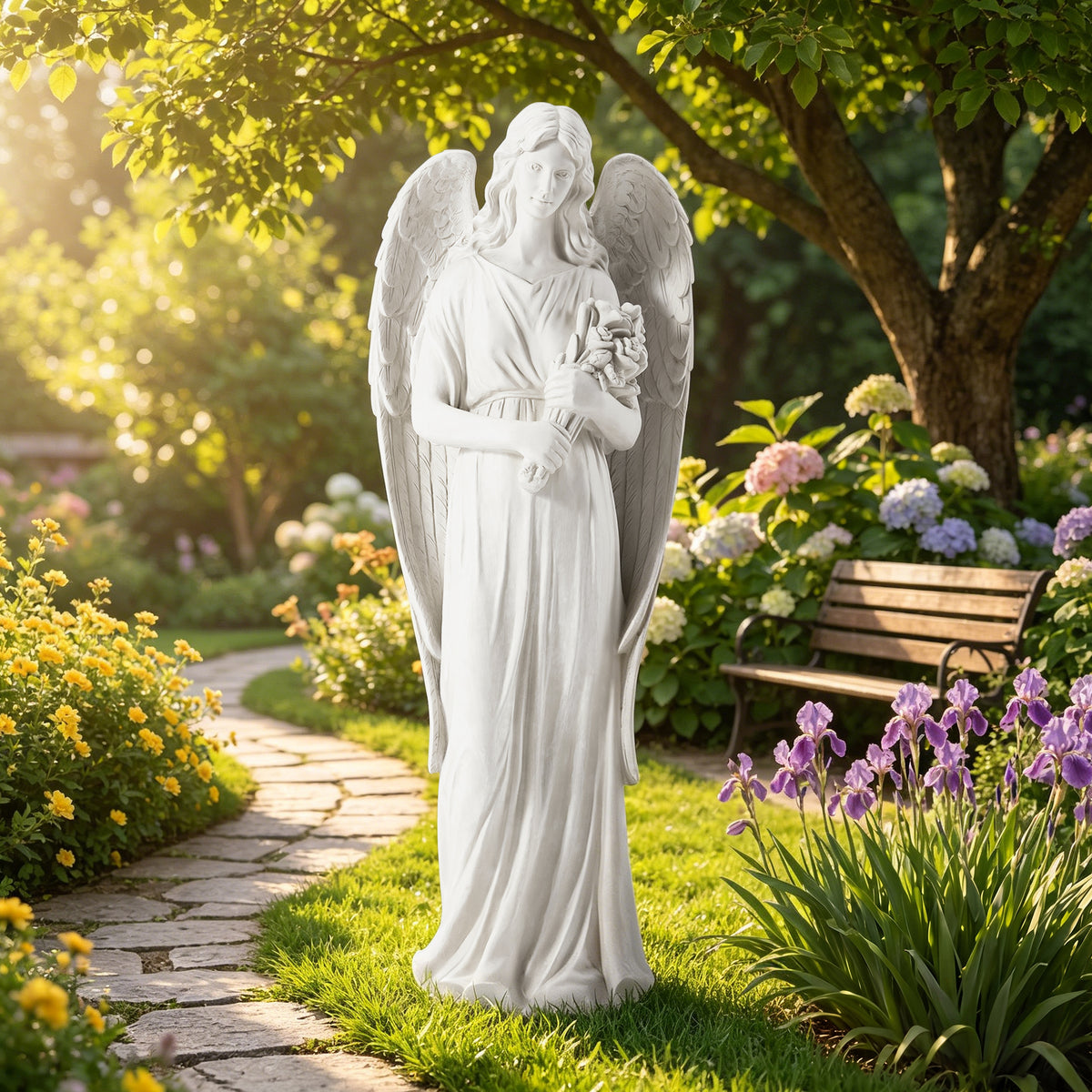 HOMREST 45'' Large Outdoor Statues, Garden Angel Holding Flowers, Sculpture Decor for Patio, Yard and Home, White
