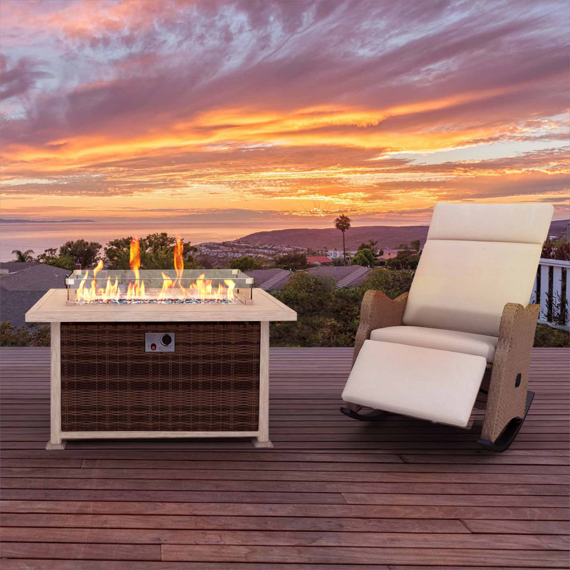 50 in Propane Fire Pit Table w/ Glass Wind Guard and Aluminum Tabletop,50,000 BTU, Brown