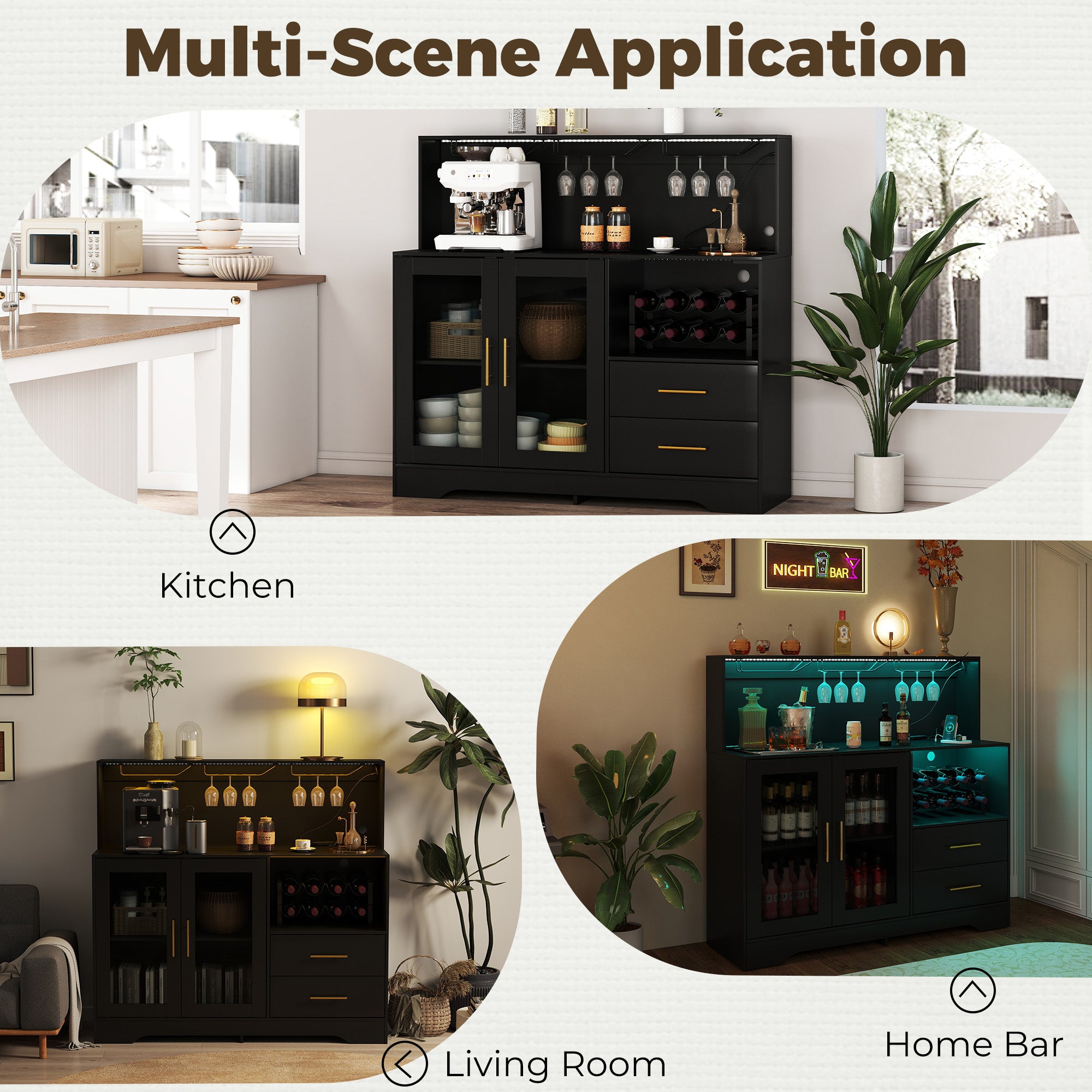 HOMREST Modern Wine Bar Cabinet With Led Lights, Coffee Bar With Wine Racks And Glass Holder, Charging Station,  Black