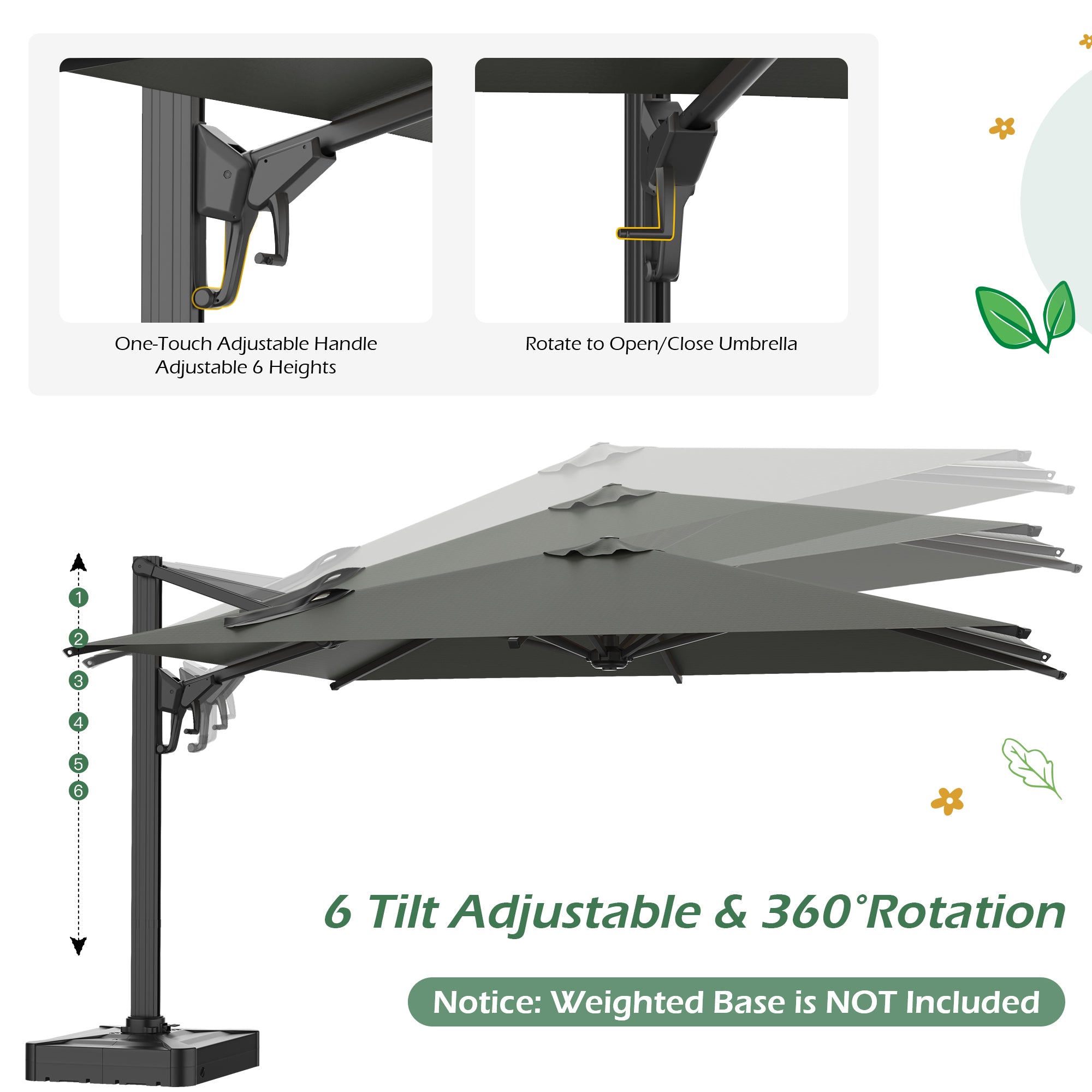 HOMREST 10x13ft Large Rectangular Cantilever Umbrella with 360° Rotation & 6 Adjustable Heights, Outdoor Patio Umbrella for Garden, Pool, Deck, Gray (Base Excluded)