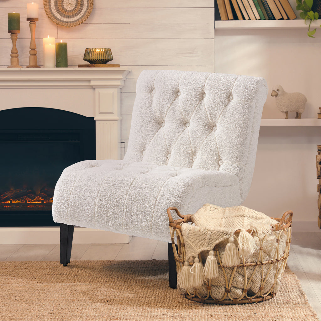 HOMREST Armless Accent Chair, Upholstered Button Tufted Living Room Chairs with Wood Legs, Comfy Frosted Velvet Lounge Chair Reading Chair for Bedroom, White