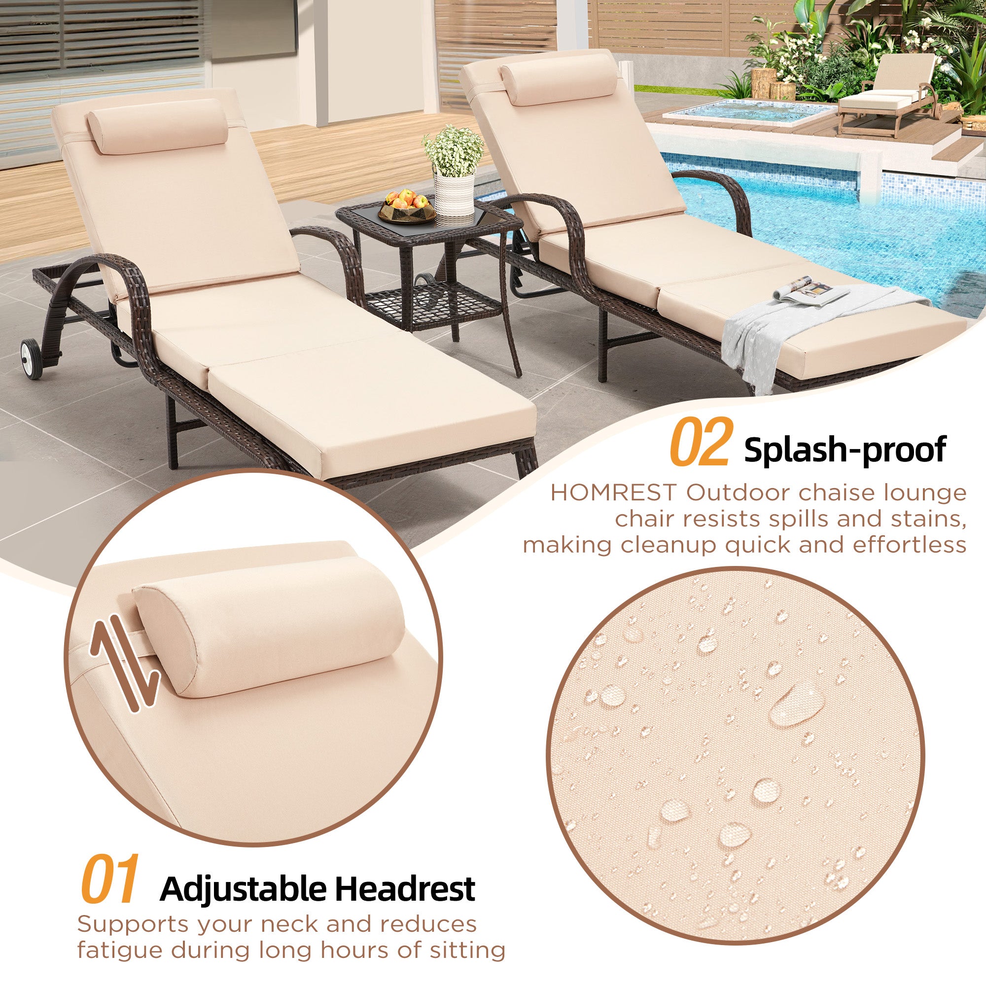 HOMREST 3-Piece Outdoor Chaise Lounge Set with Adjustable Chairs, Storage Table, Khaki